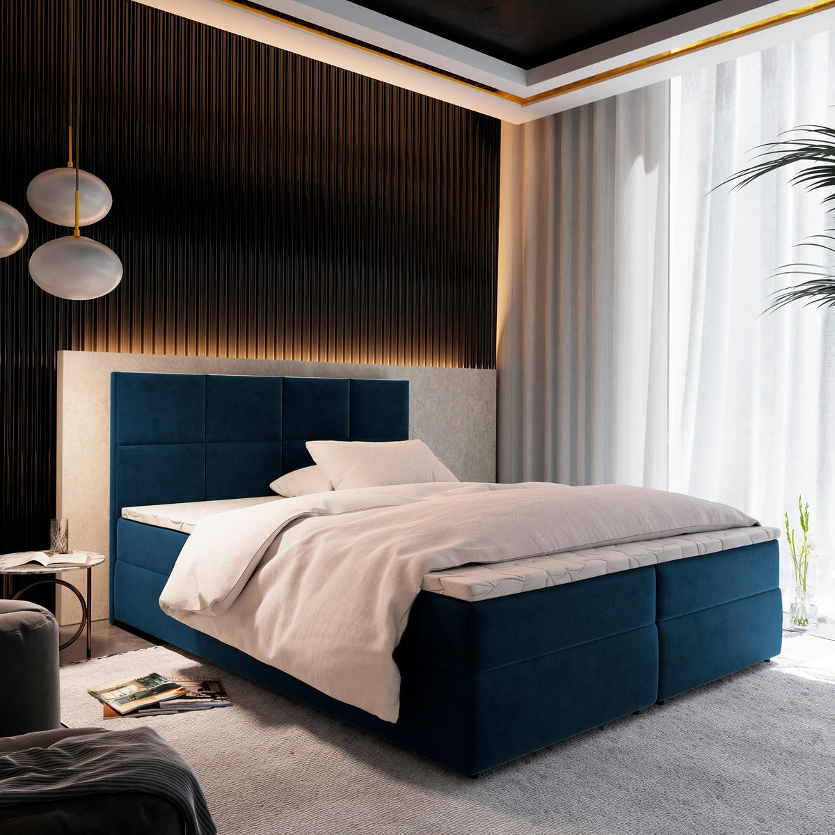 BOXBETT LENA 180x200 cm mit Matratze und Topper - Blau - Blau, Holz (180/200cm) - MASSENO