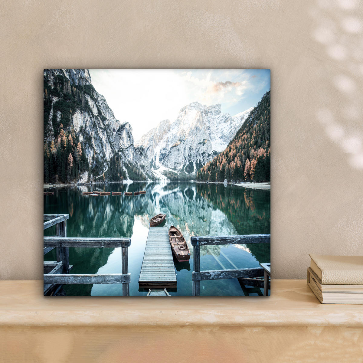 LEINWANDBILD Natur - Berge - Schnee - Wald - Boot 20x20 cm - Hellgrün, Textil (20/20cm) - MuchoWow