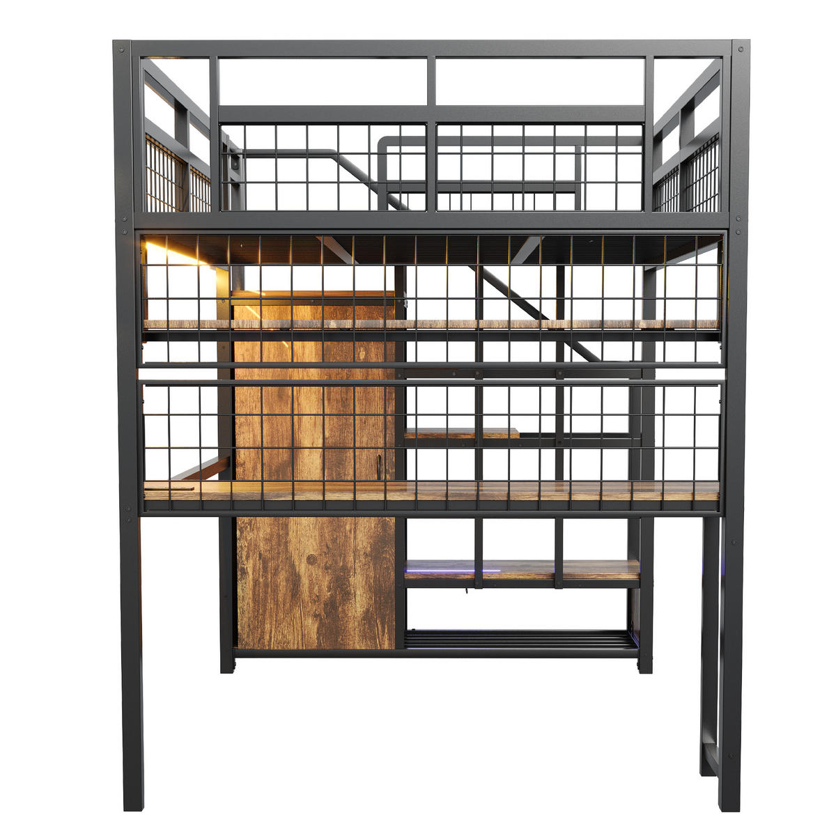 HOCHBETT 140/200 cm DE-01675, in Schwarz, mit Lichtleiste, Steckdose, Stauraumleiter und Schreibtisch - Schwarz, Metall (140/200cm) - ComfortXL