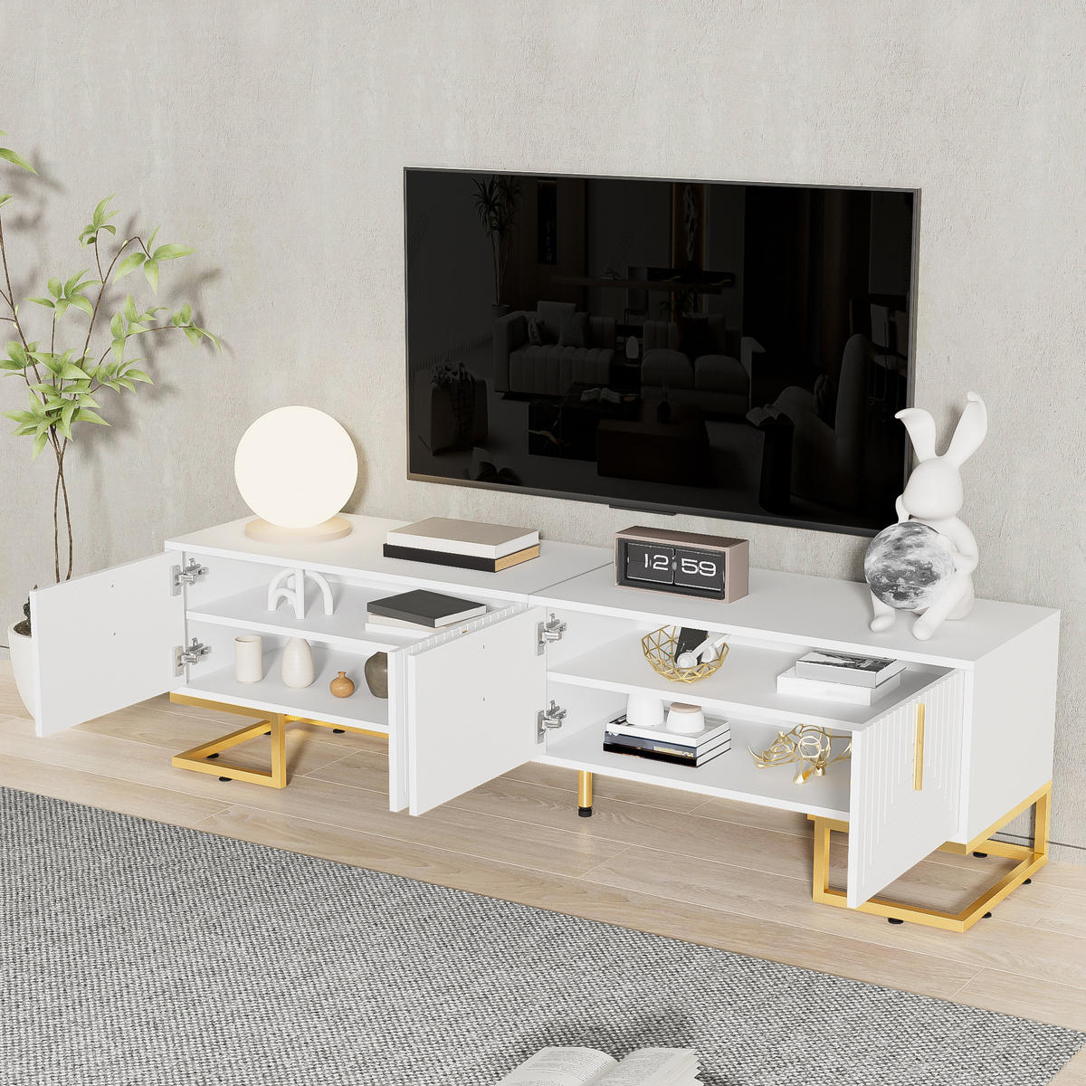 TV-ELEMENT170CM weißLowboard mit strukturierter Tür und goldenen Füßen - Weiß, Holz (52.98/22.99/60.68cm) - Raelunyi