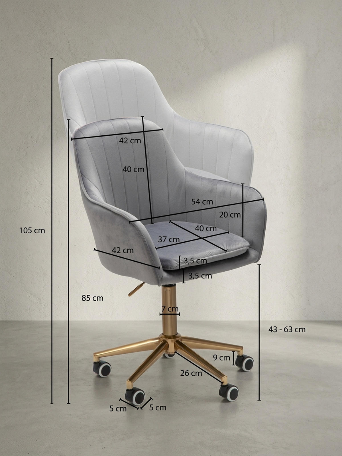 SCHALENSTUHL Samt mit Metallfußkreuz und 360° Drehfunktion SANDRA, Grau 54x52x105 cm - Goldfarben/Grau, Textil/Metall (54/105/52cm) - KADIMA DESIGN