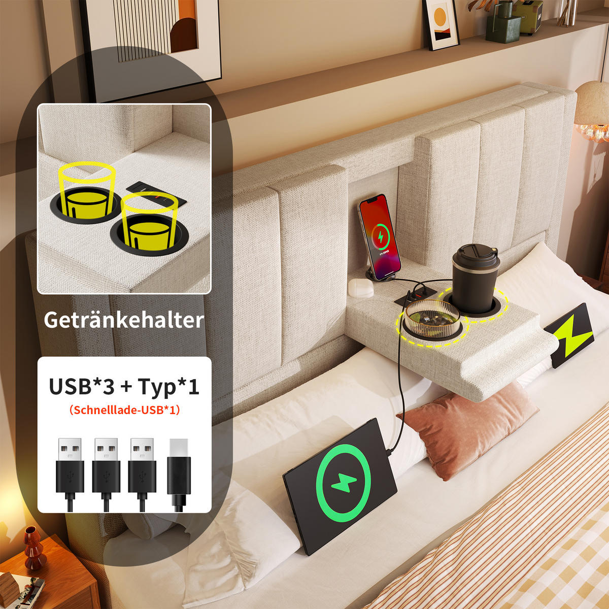 POLSTERBETT 160/200 cm mit Ladestation, verstecktem Becherhalter und hydraulischem Bettkasten, Beige - Beige, Textil (160/200cm) - Redom