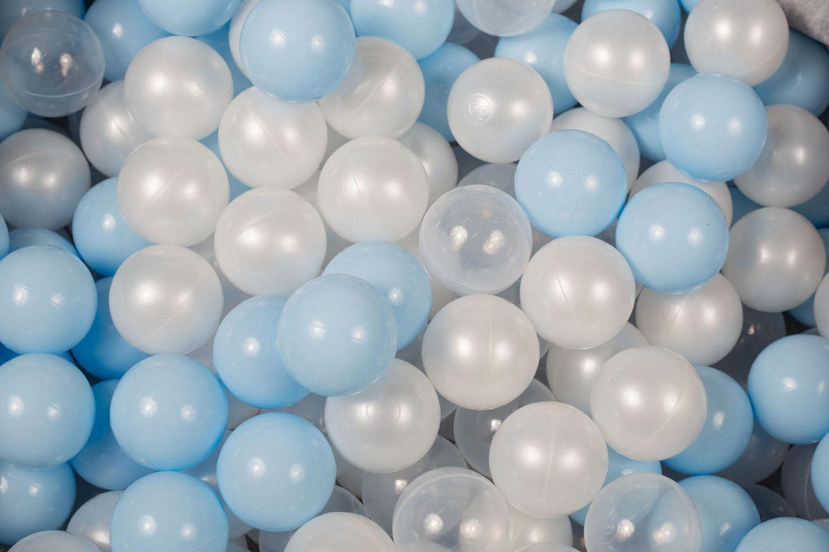 BÄLLE für Bällebad, Spielbälle, Plastikbälle für Kinder Set 200 pcs.: Perlweiß/Blau/Transparent - Blaugrau, Textil (7/7/7cm) - MeowBaby