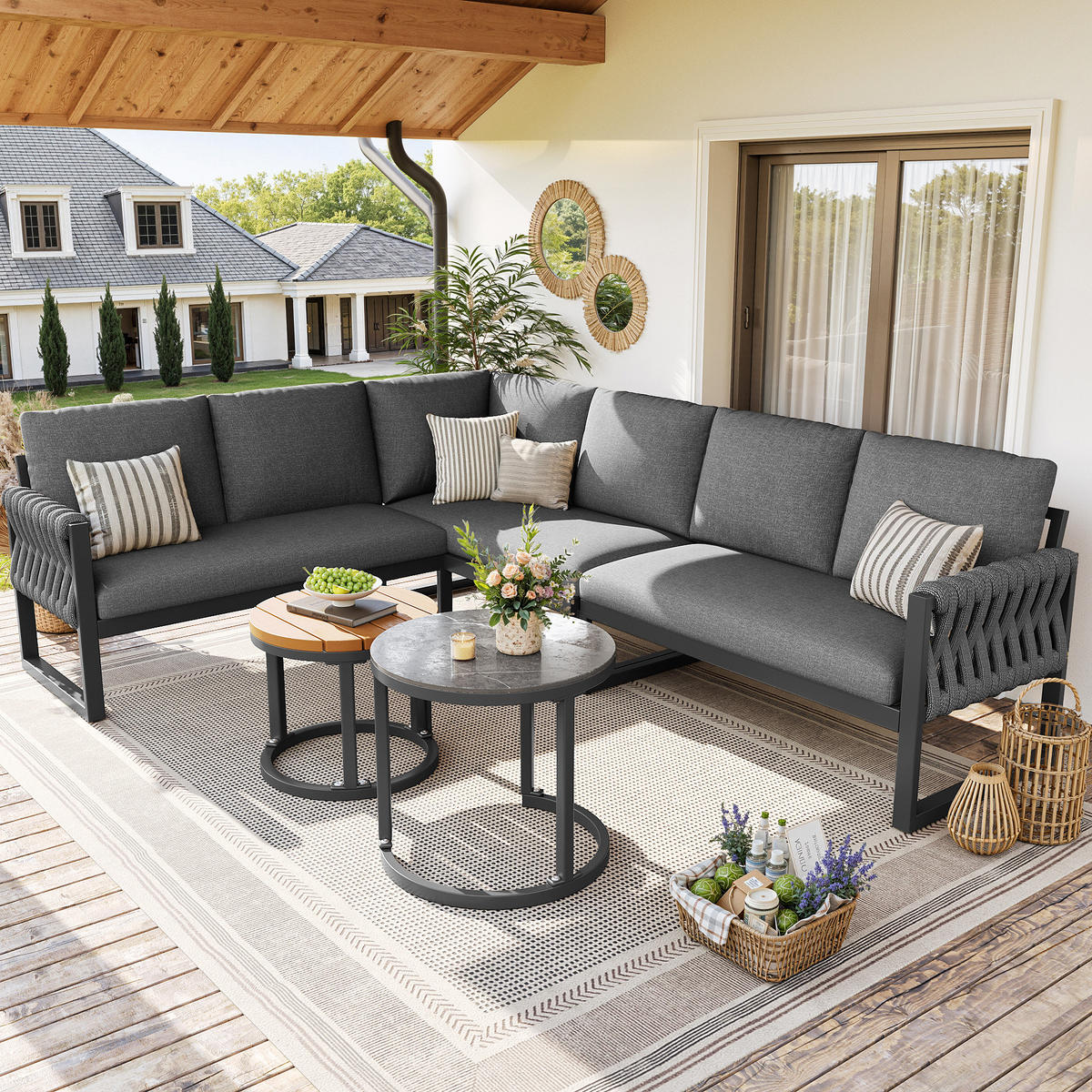 GARTENMÖBELSET modular 5-tlg. mit 2 Tischen Grau - Grau, Metall - Beauniv