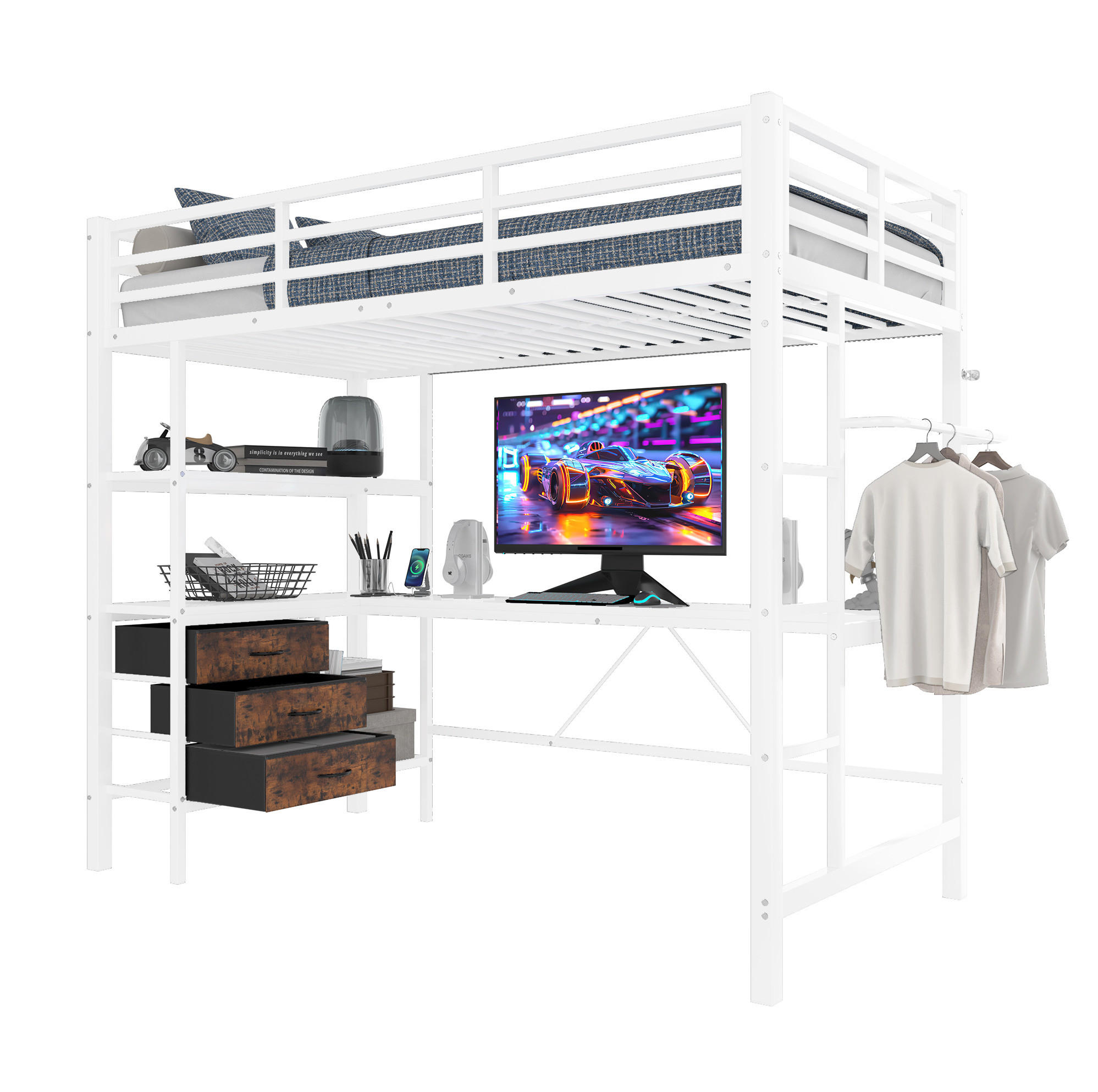 HOCHBETT 90/200 cm aus Metall/MDF mit Schreibtisch und LED-Beleuchtung Weiß - Weiß, Metall (90/200cm) - Modenvie