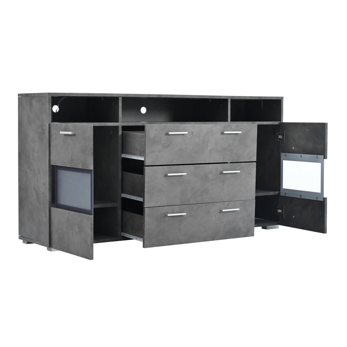 SIDEBOARD aus Spanplatte 140x33,5x72,5 cm Grau mit LED-Beleuchtung, Acryltüren und viel Stauraum - Grau, Holzwerkstoff (140/72.5/33.5cm) - Modfu