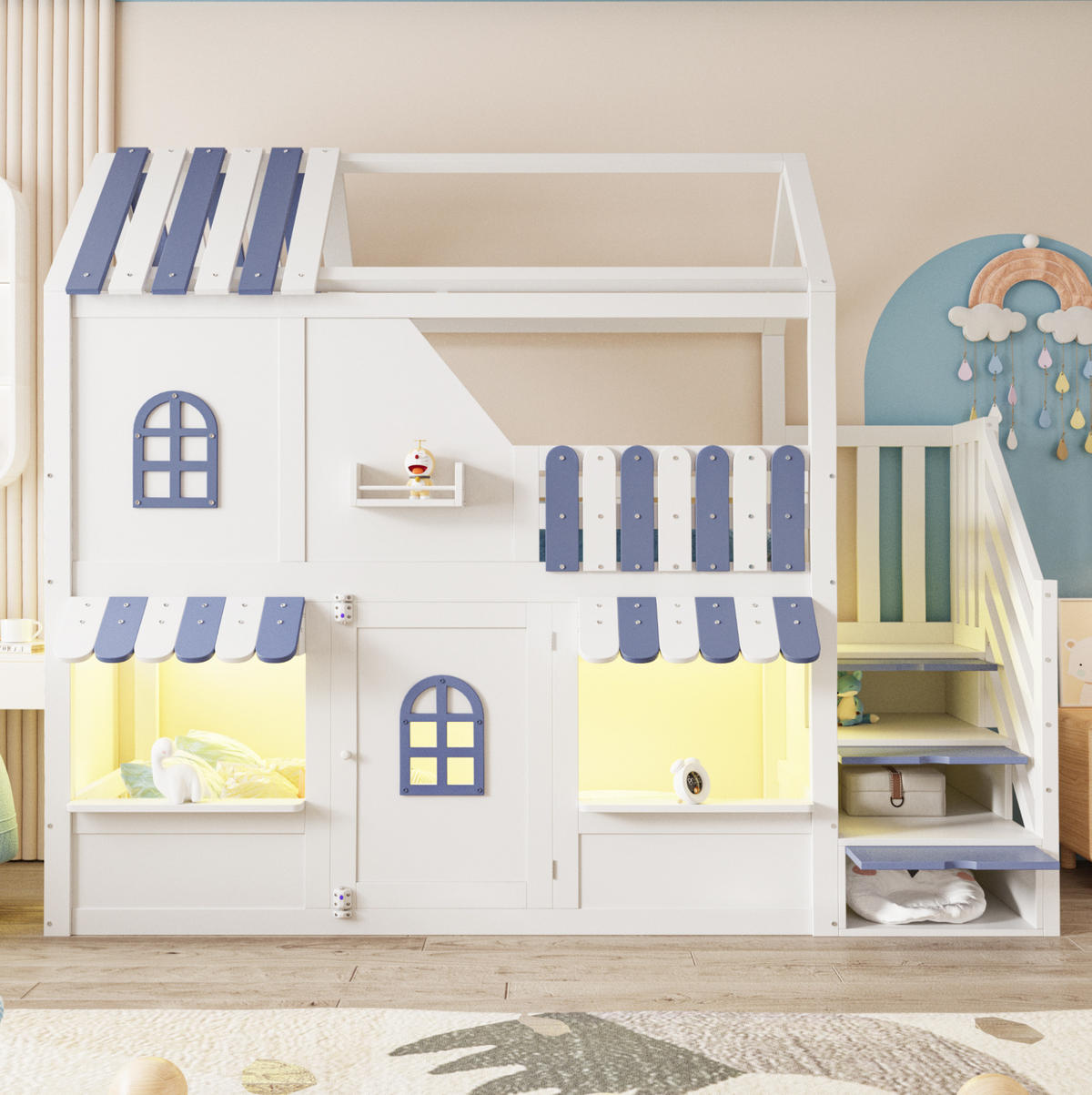 KINDER-ETAGENBETT Holz 90x200 cm Weiß/Blau mit LED, Stauraumleiter und Regalen im Hausbett-Design - Weiß, Holz (90/200cm) - Modfu