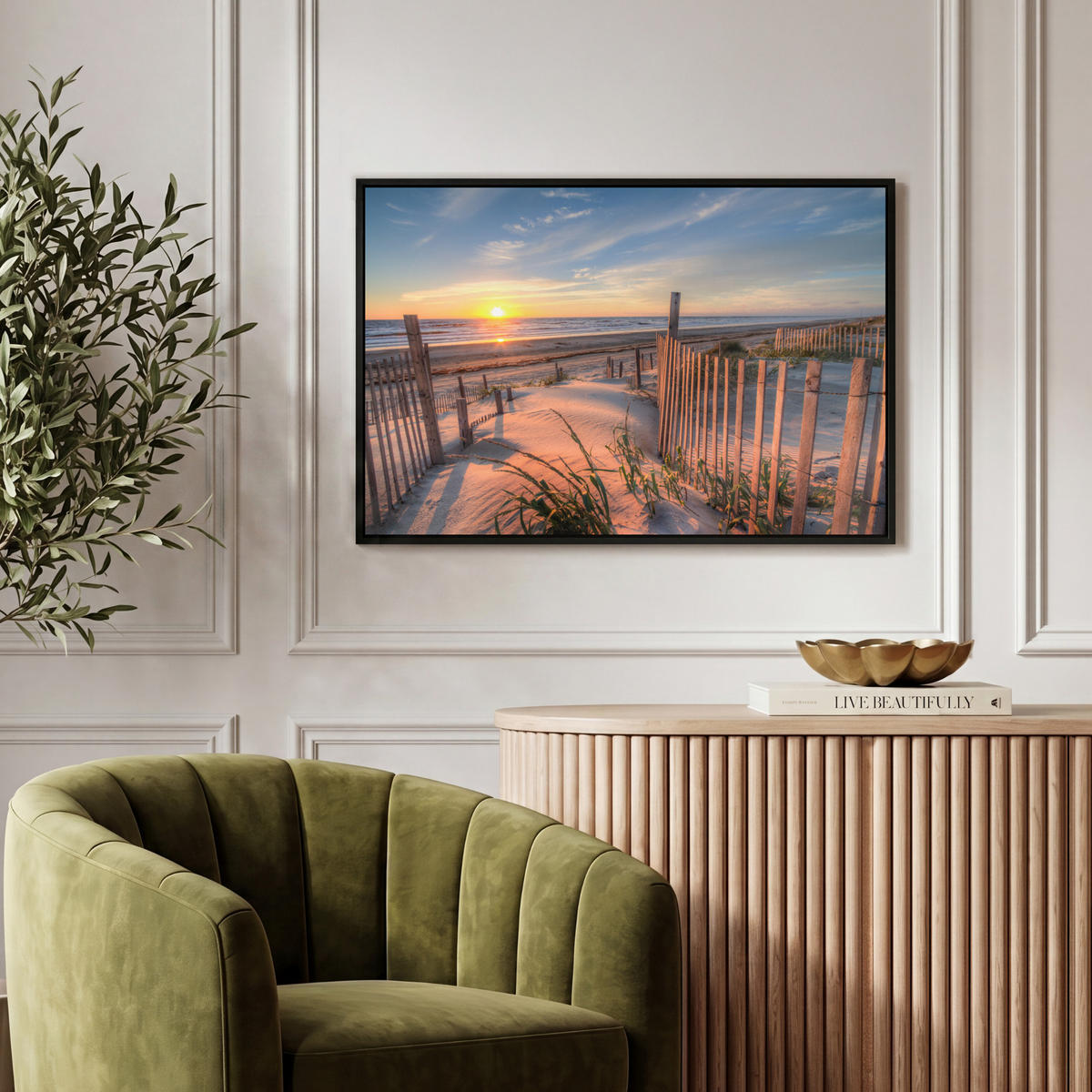 LEINWAND Bilder mit Rahmen - Strand - Meer - Düne - Sonnenuntergang - Landschaft - 60x40 - Beige, Textil (60/40cm) - MuchoWow