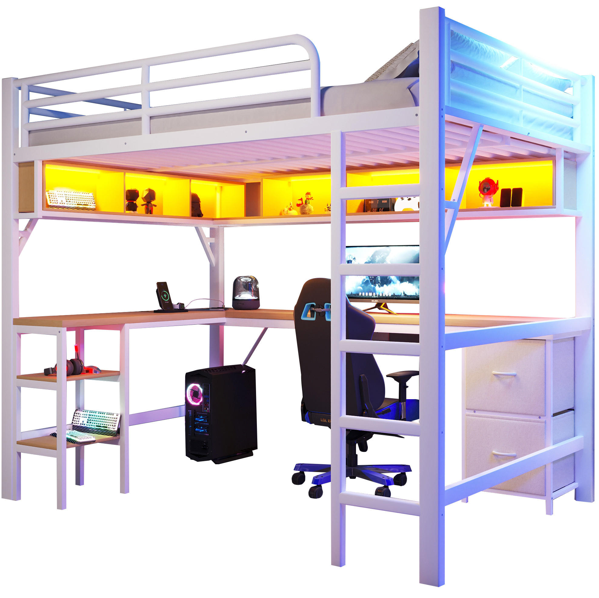 HOCHBETT mit Schreibtisch, Regalen und LED, Weiß, 140/200 cm - Weiß, Metall (140/200cm) - MIVRAY