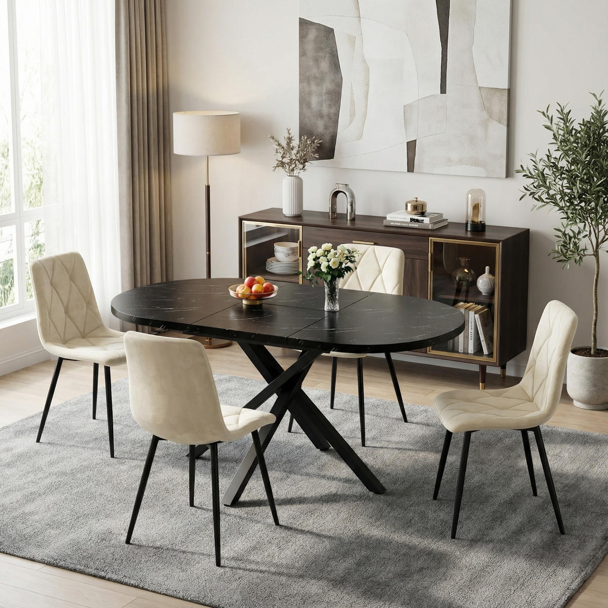 ESSGRUPPE 5-teilige Ausziehbarer Esstisch & 4 Samtstühle - Weiß, Holzwerkstoff (140/76/100cm) - Urban Meuble