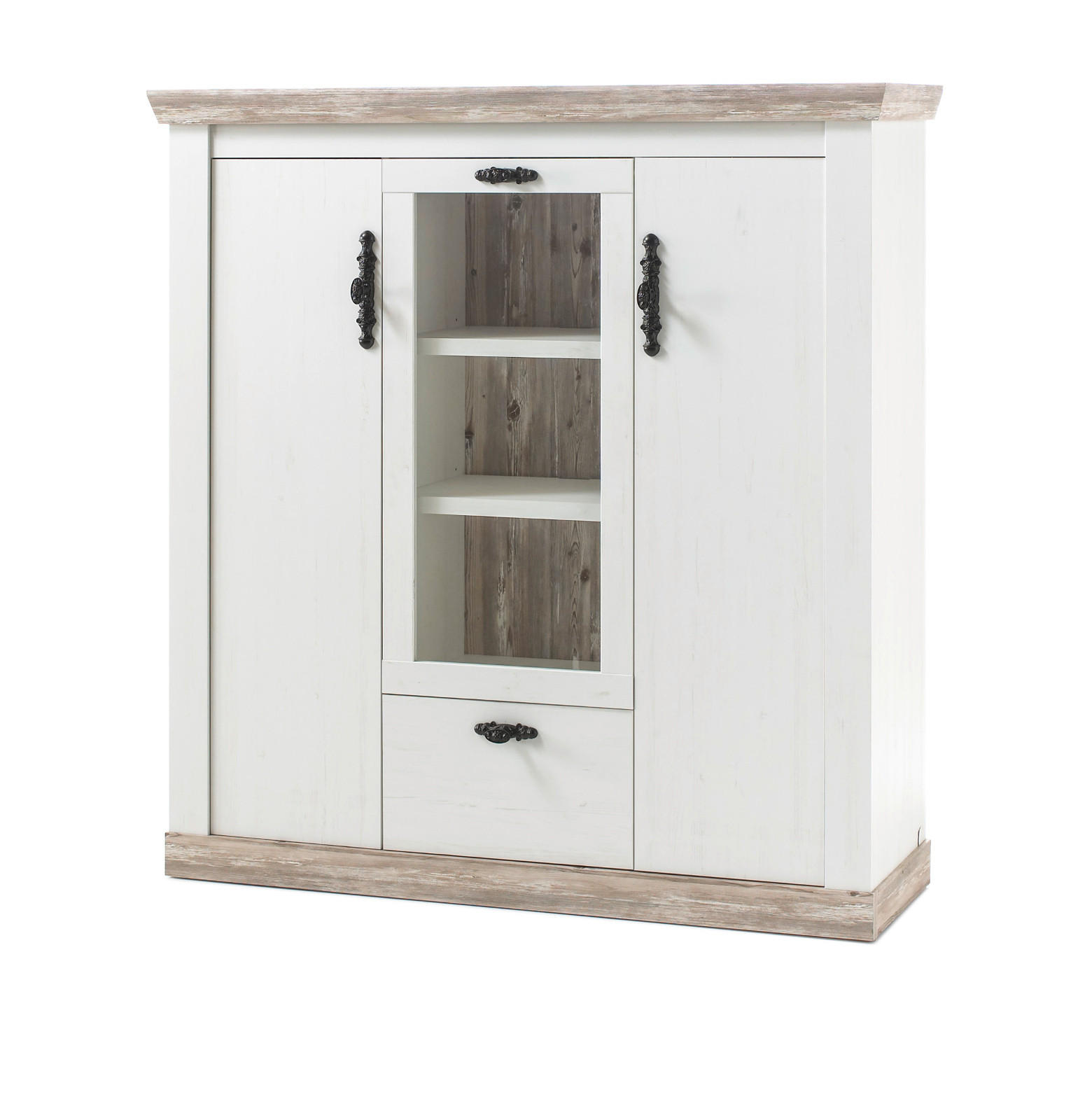 HIGHBOARD Pinie weiß, Oslo Pinie Landhaus, Kommode, 140 x 146 cm - Anthrazit/Weiß, Holzwerkstoff/Metall (140/146/44cm) - Furn.Design