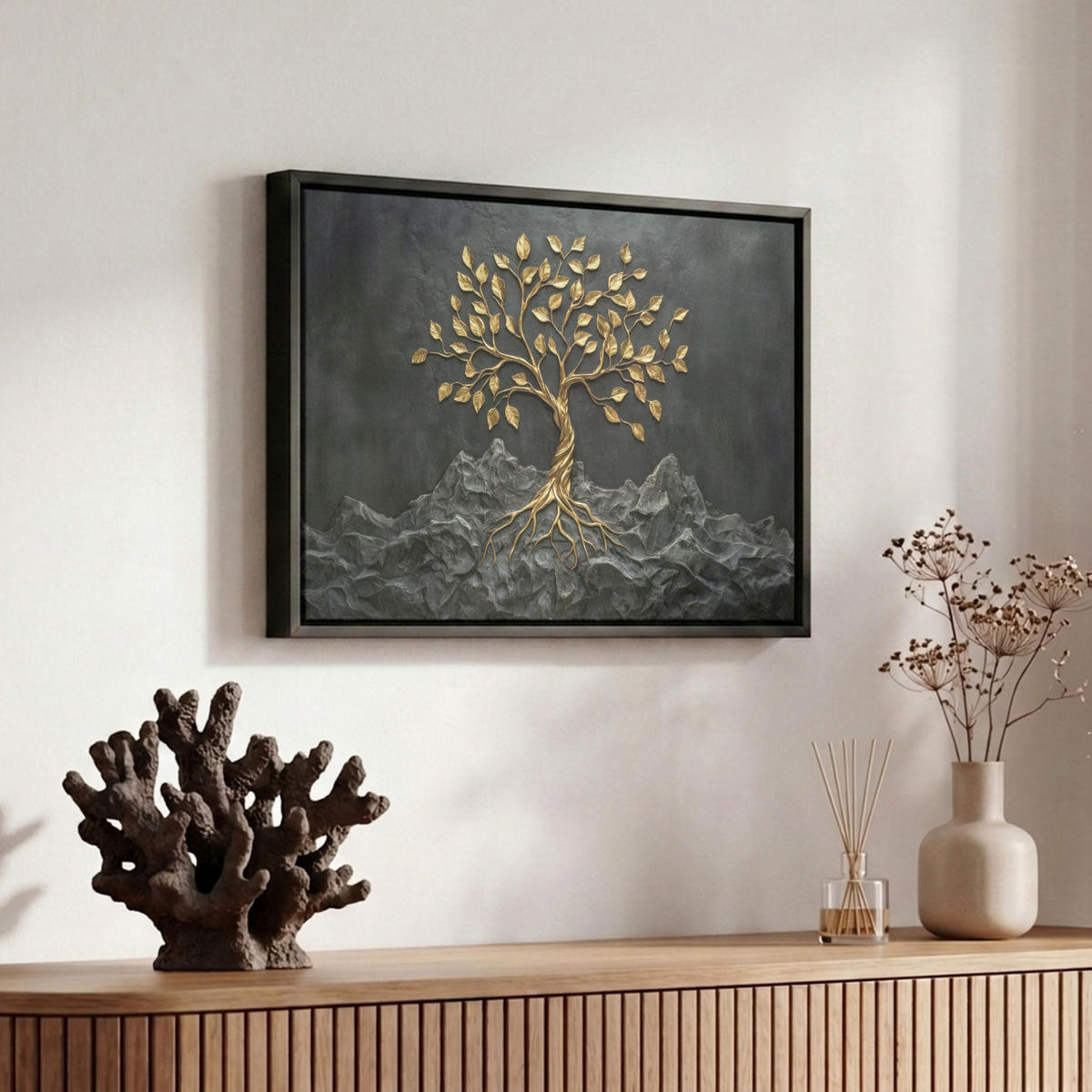 LEINWAND Bilder mit Rahmen - Blätter - Gold - Baum - Fels - 30x20 - Schwarz, Textil (30/20cm) - MuchoWow