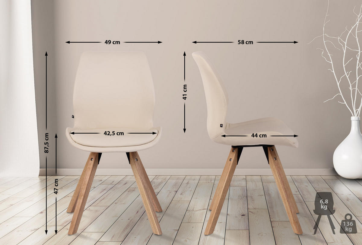 STUHL Lederlook creme - Eukalyptusholzfarben/Creme, Holz/Textil (49/87.5/58cm) - CLP