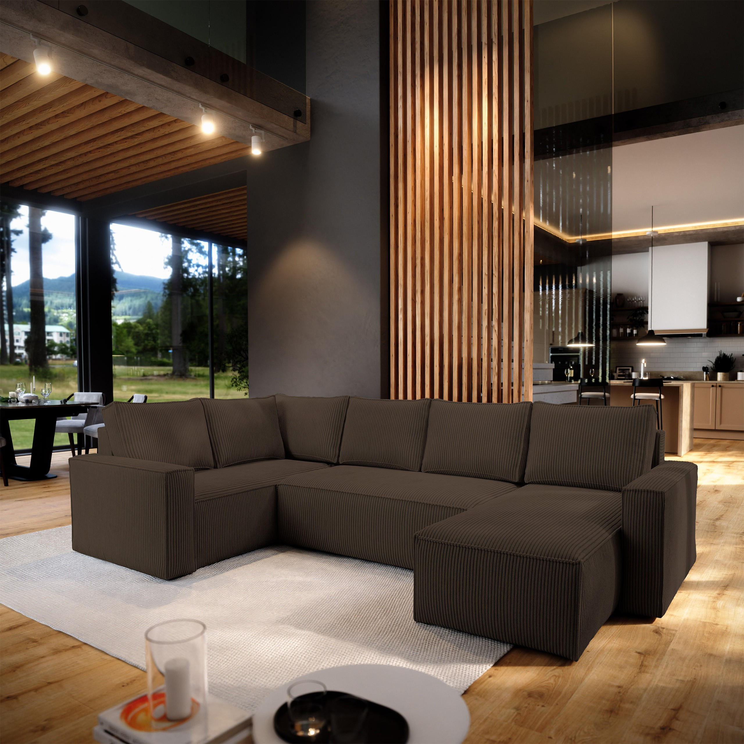 WOHNLANDSCHAFT NORENA L-S Braun Kordstoff mit Schlaffunktion - Braun, Holz (295/85/157.5cm) - MASSENO