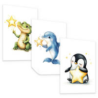 POSTER SET für Kinderzimmer TIERE Sterne Krokodil Delfin Pinguin A4 21x30cm - Gelb/Schwarz, Papier (21/30/1cm) - Muralo