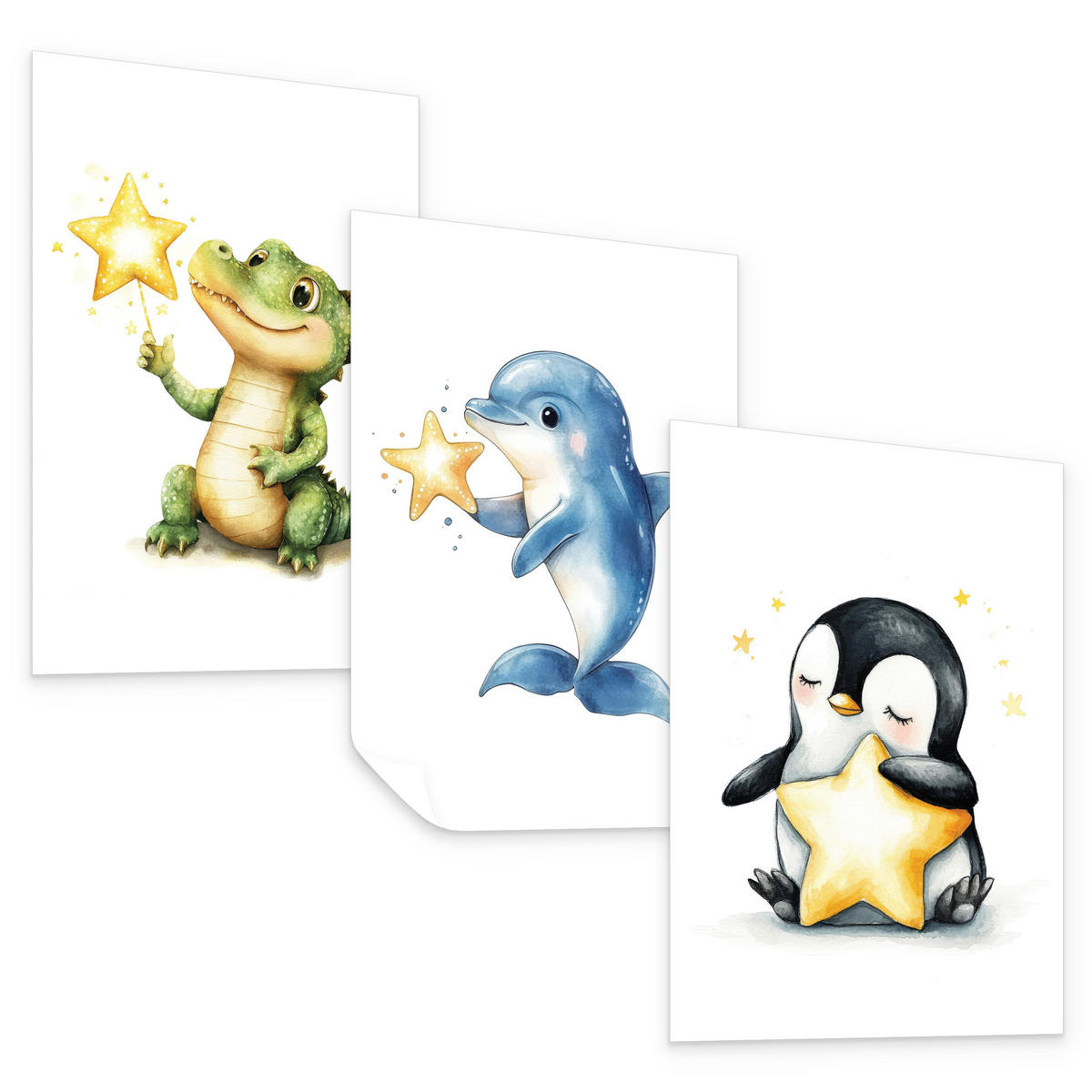 POSTER SET für Kinderzimmer TIERE Sterne Krokodil Delfin Pinguin A4 21x30cm - Gelb/Schwarz, Papier (21/30/1cm) - Muralo