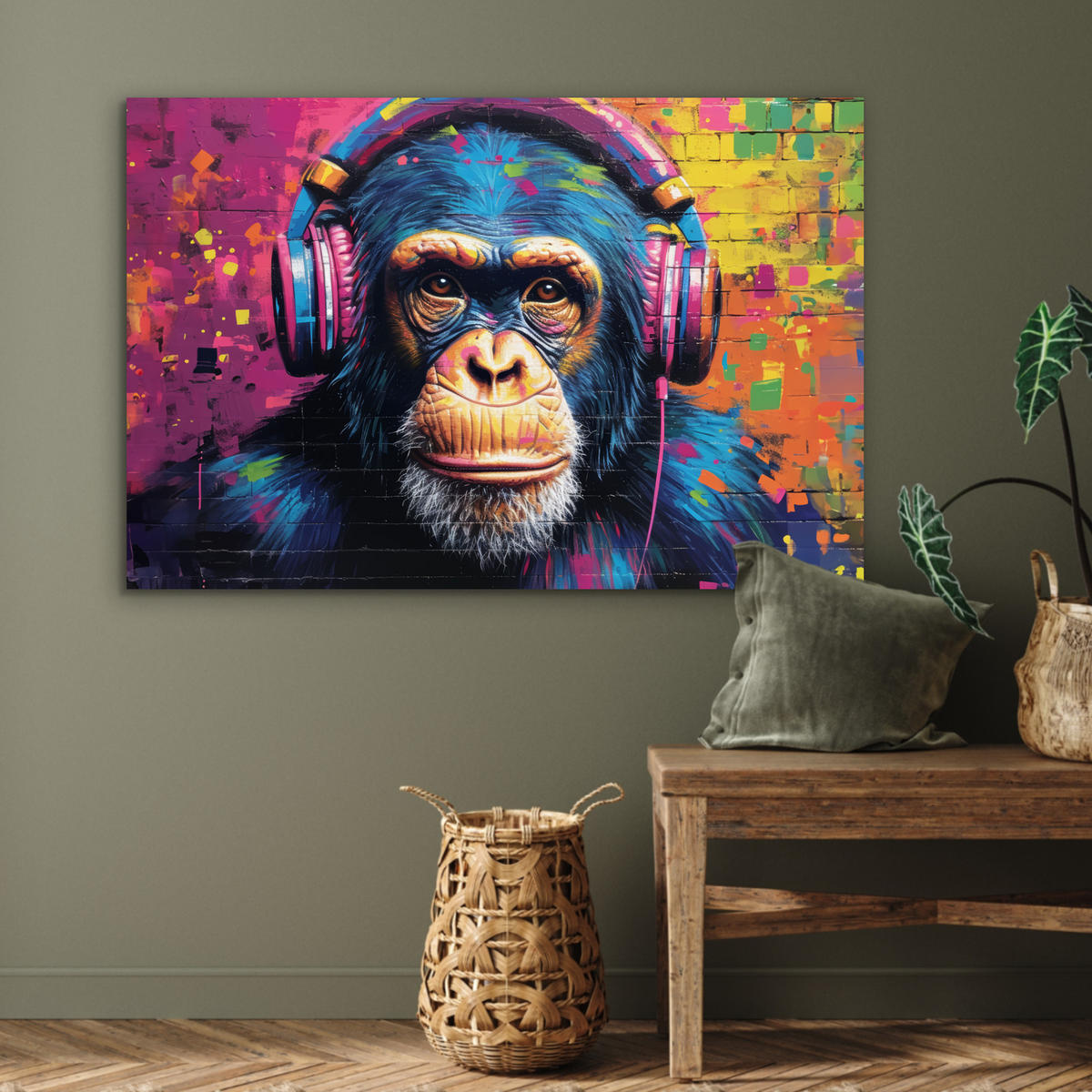 METALLBILD Graffiti - Schimpanse - Straßenkunst - Kopfhörer - Affe 90x60 cm - Blau, Metall (90/60cm) - MuchoWow