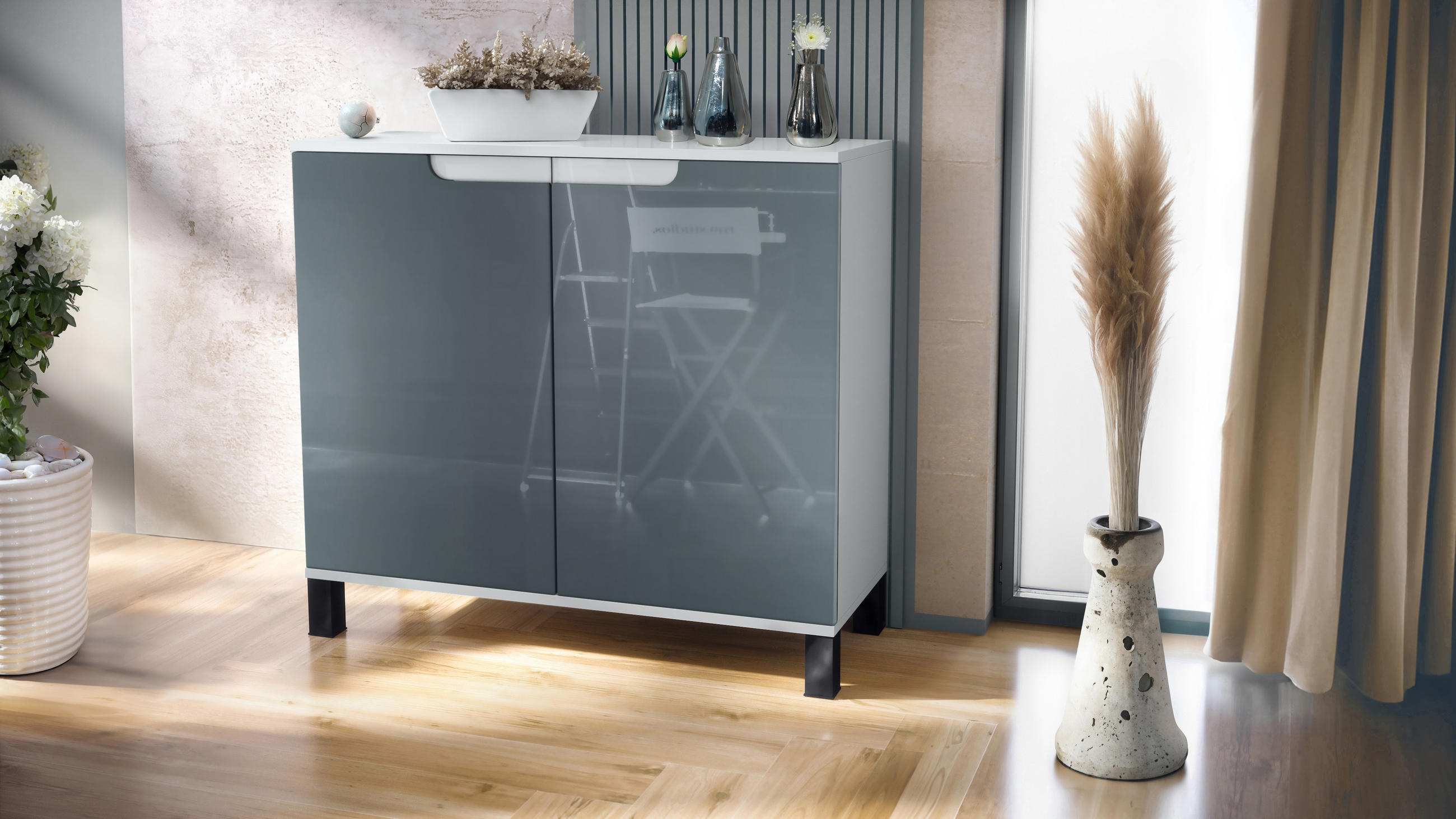 KOMMODE Sylt Grau Hochglanz - Grau, Holzwerkstoff (92.5/84.5/35cm) - Vladon