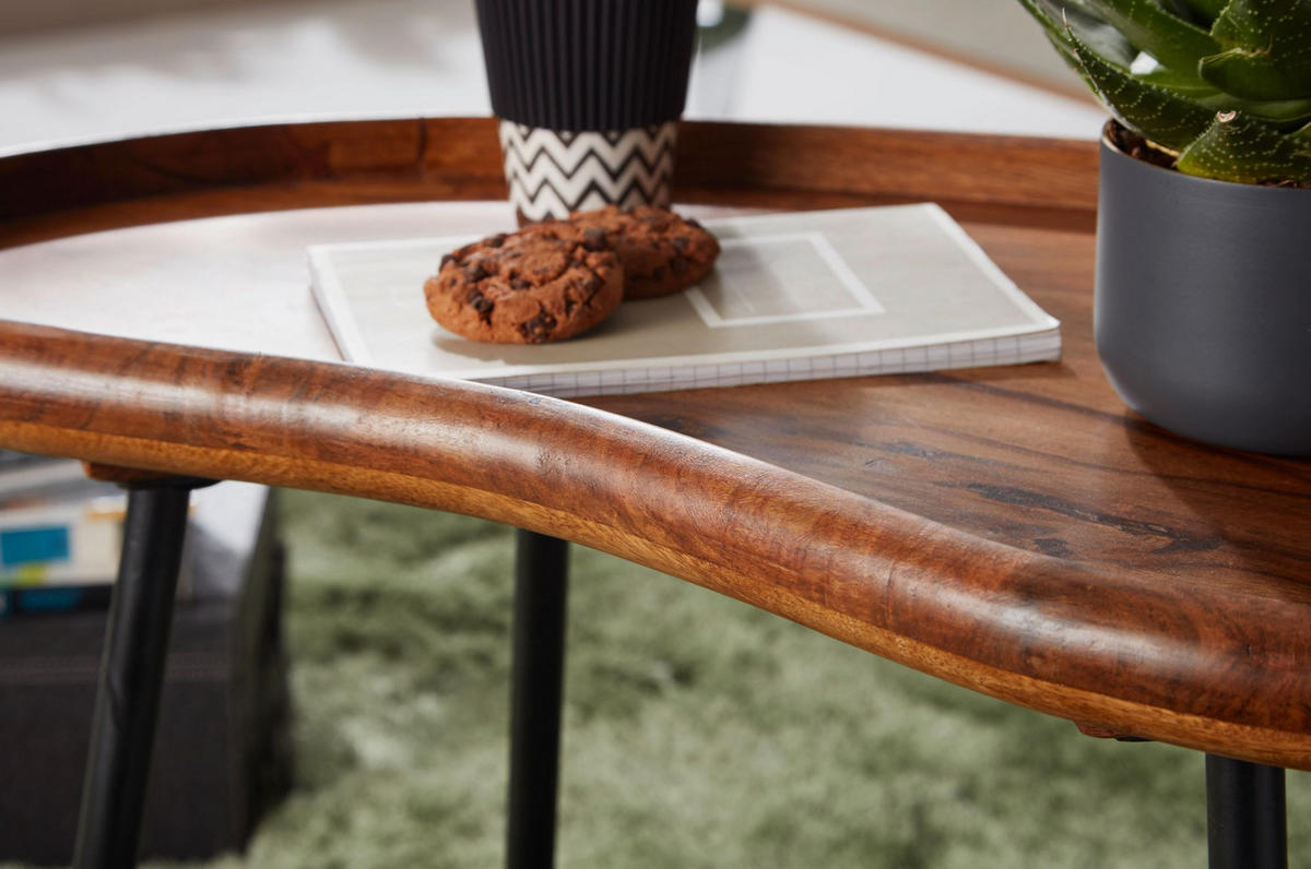 COUCHTISCH Massivholz mit Metallbeinen, Nierenform, Handgefertigt, Braun 71x40x51 cm - Schwarz/Braun, Holz/Metall (40/71/51cm) - KADIMA DESIGN