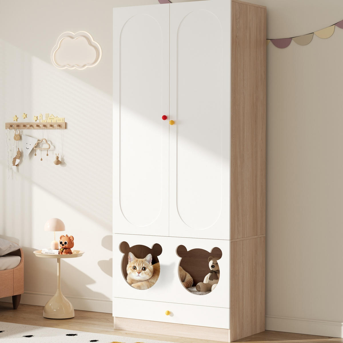 KLEIDERSCHRANK 80/200/50 cm Weiß/Natur aus MDF mit Haustierbereich 2er Set - Naturfarben, Holzwerkstoff (50/200/80cm) - OKMYHOME
