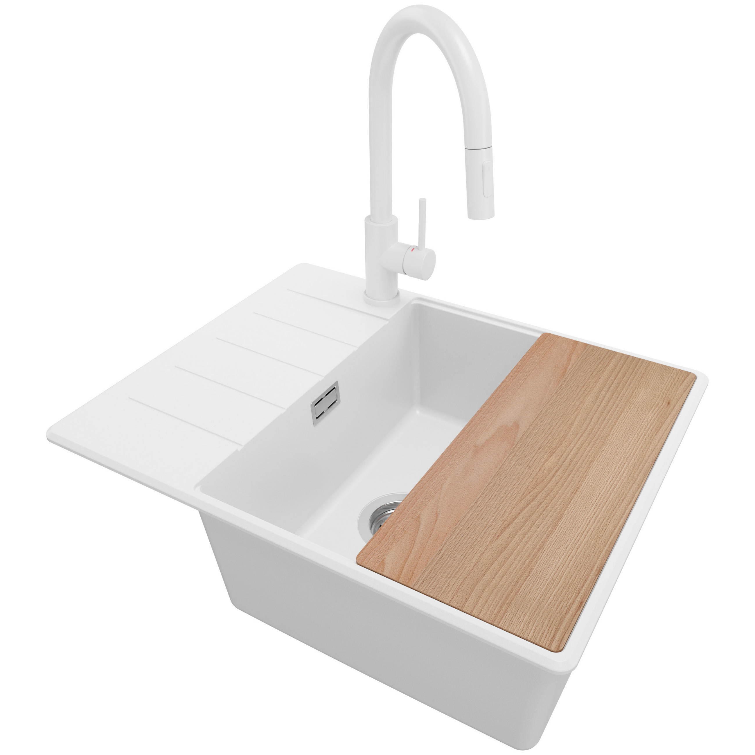 GRANITSPÜLE Kopenhagen, 2-er set Weiß 62/50 cm 1 Becken + Küchenarmatur 40/20 cm + Ablauf-Set + Schneidebrett ab 50er Unterschrank - Chromfarben/Beige, Kunststoff (62/20/50cm) - Primagran