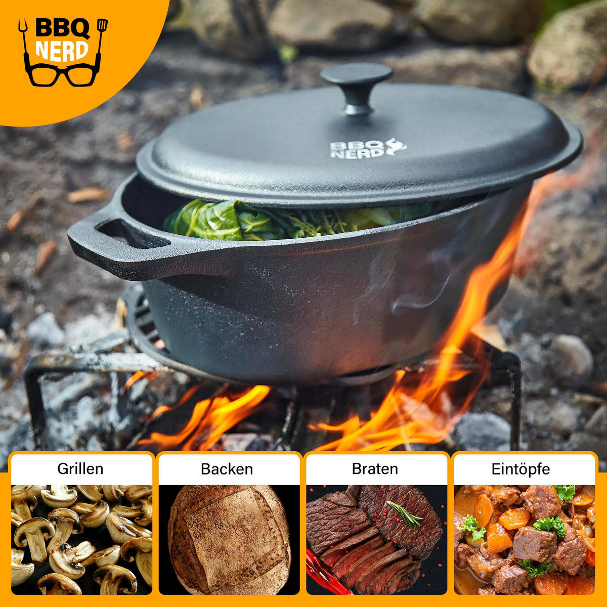 BRÄTER Gusseisen oval, 33x26cm 6,4L Topf Cocotte Gusstopf - Schwarz, Metall (28/14/40cm) - BBQ Nerd