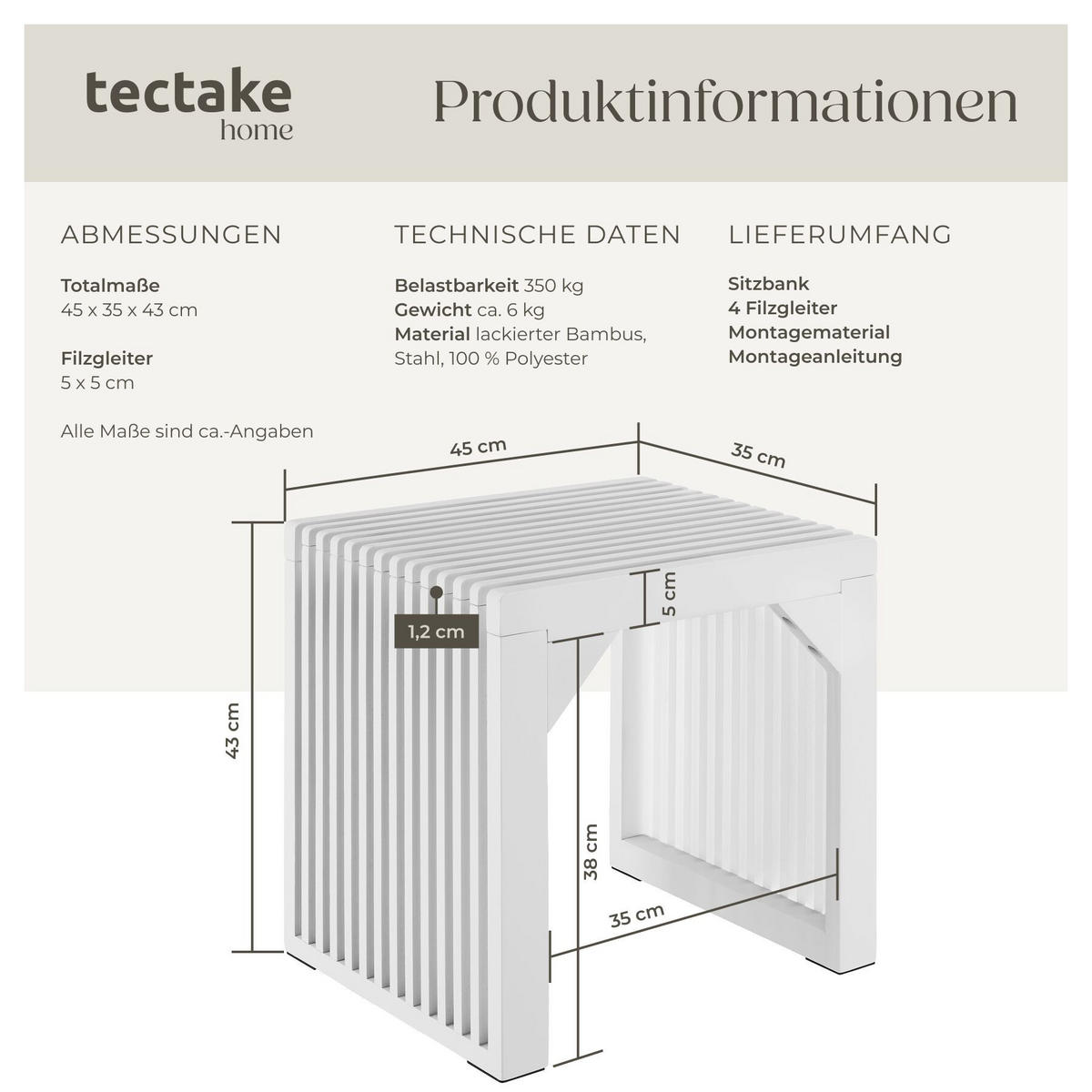 HOCKER Ribb, Belastbarkeit 350 kg, weiß - Weiß, Holz (45/43/35cm) - tectake