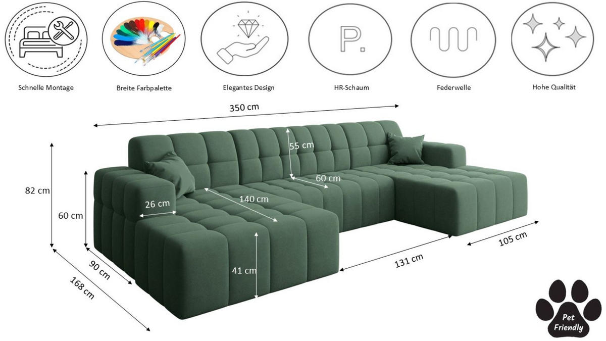ECKSOFA U-Form Nimes Stoff Portland Grün - Grün, Holz/Textil (168/350cm) - Kaiser Möbel
