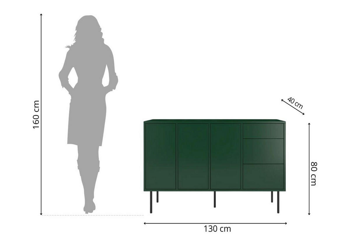 SIDEBOARD Mirka, Grün, Push to Open System, Minimalistisch - Dunkelgrün/Schwarz, Holzwerkstoff/Metall (130/80/40cm) - Dancan