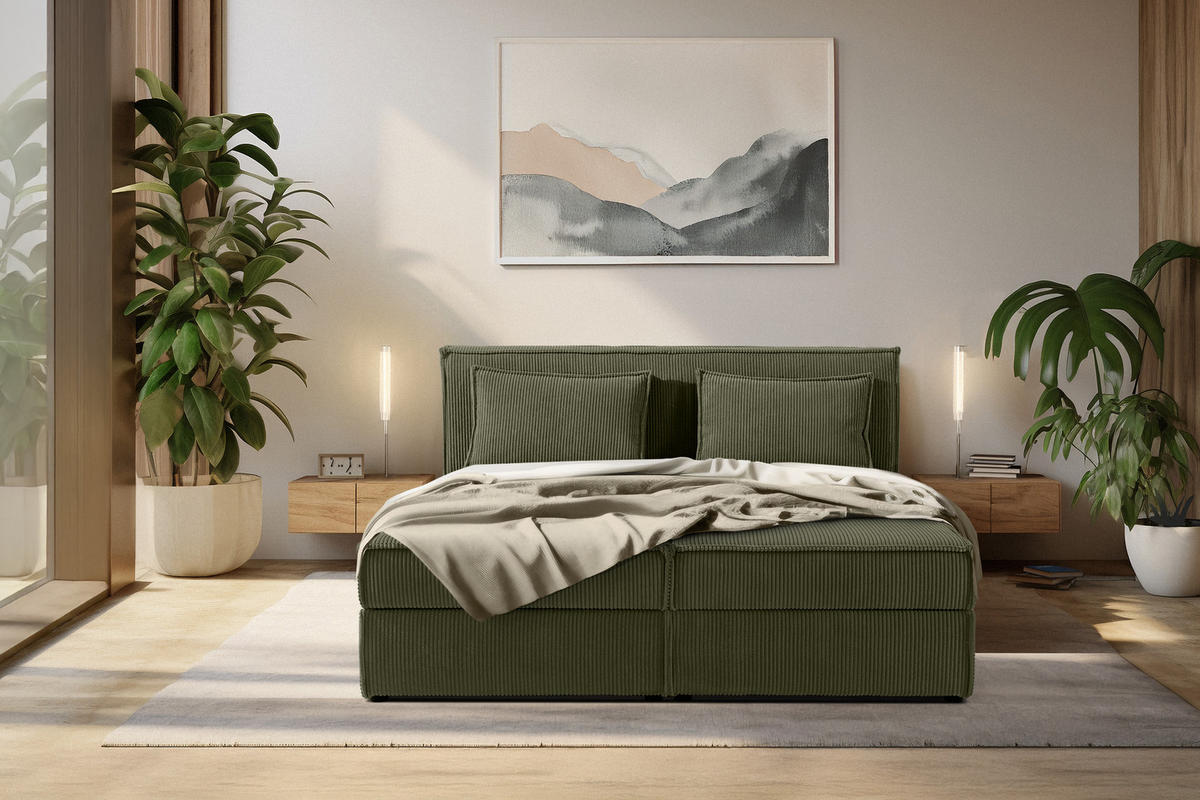 BOXSPRINGBETT ROTI mit Stauraum, oliv - Schwarz/Olivgrün, Holz/Holzwerkstoff (160/200cm) - KONSIMO®