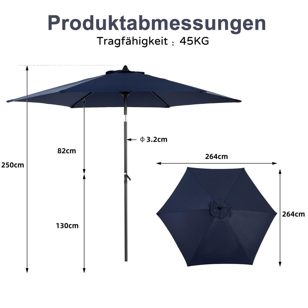 SONNENSCHIRM 264x264cm,Aluminium,Sonnenschutz,Dunkelblau - Dunkelblau, Metall (264/264cm) - LVHOM