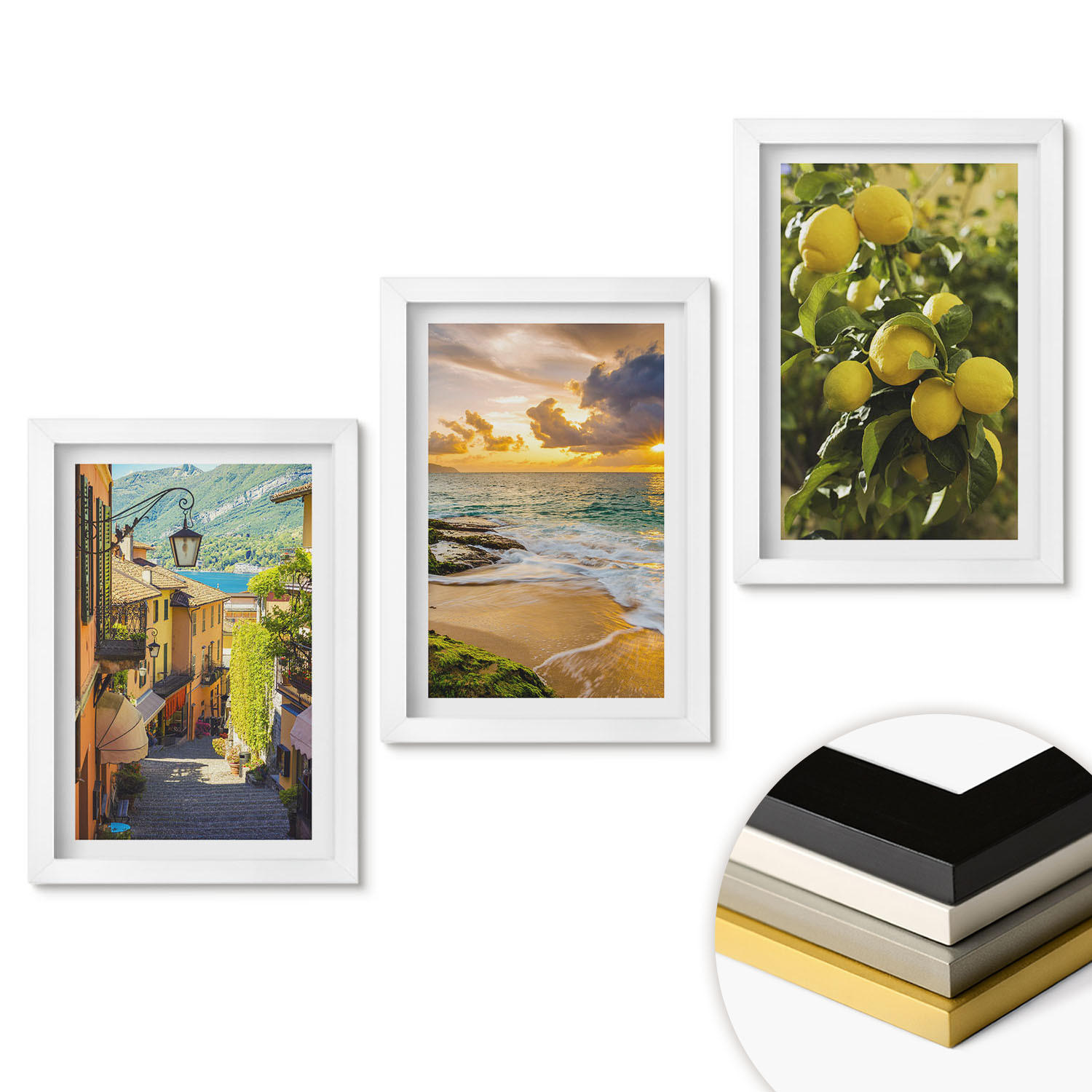 WANDBILDER 3er-Set - 20x30 cm Weißer Rahmen - Straßen, Meer, Strand, Zitrusbäume - Weiß, Kunststoff (20/30cm) - ArtPrintCave