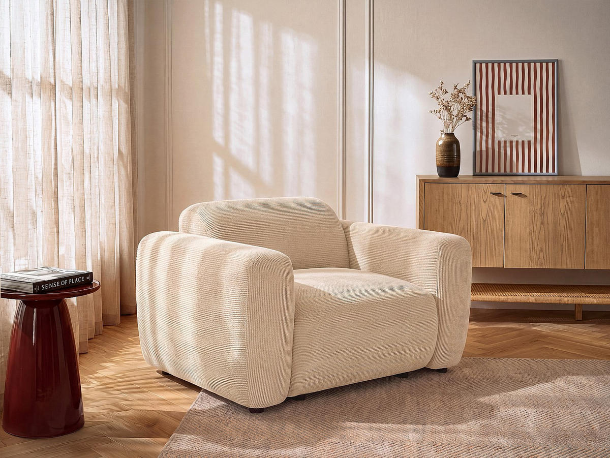 SESSEL mit gerader Rückenlehne - 1 Person - samt - beige Pogni - Beige, Textil (130/67/97cm) - Vente-Unique