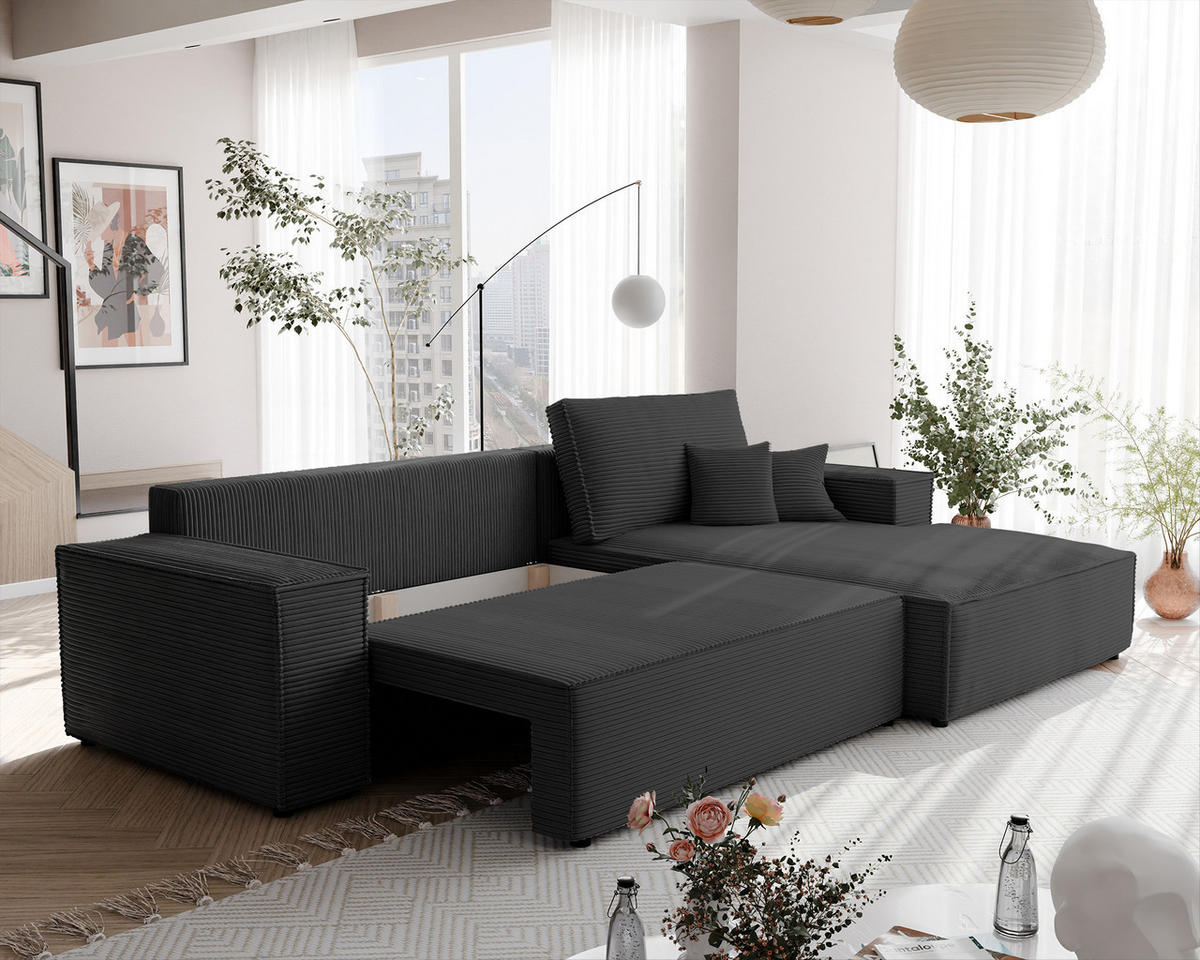 ECKSOFA NOVA mit Schlaffunktion und Bettkasten Anthrazit - Anthrazit, Holzwerkstoff/Kunststoff (250/90cm) - Idohome