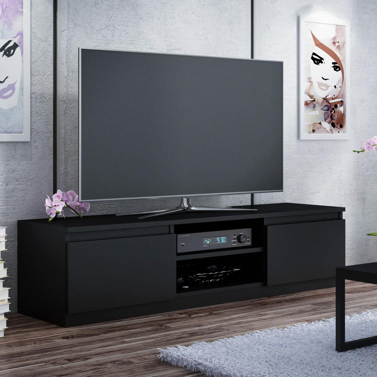 TV Lowboard Frank - Schwarz, Holzwerkstoff (140/36/40cm) - kommodly