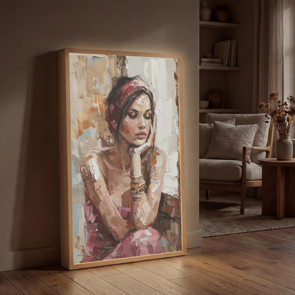 NÁSTĚNNÁ LAMPA S AKUMULÁTOREM Žena - vzhled malby - portrét - moderní 60x90 cm - hnědá, kompozitní dřevo (60/90/8cm) - OnlyWow