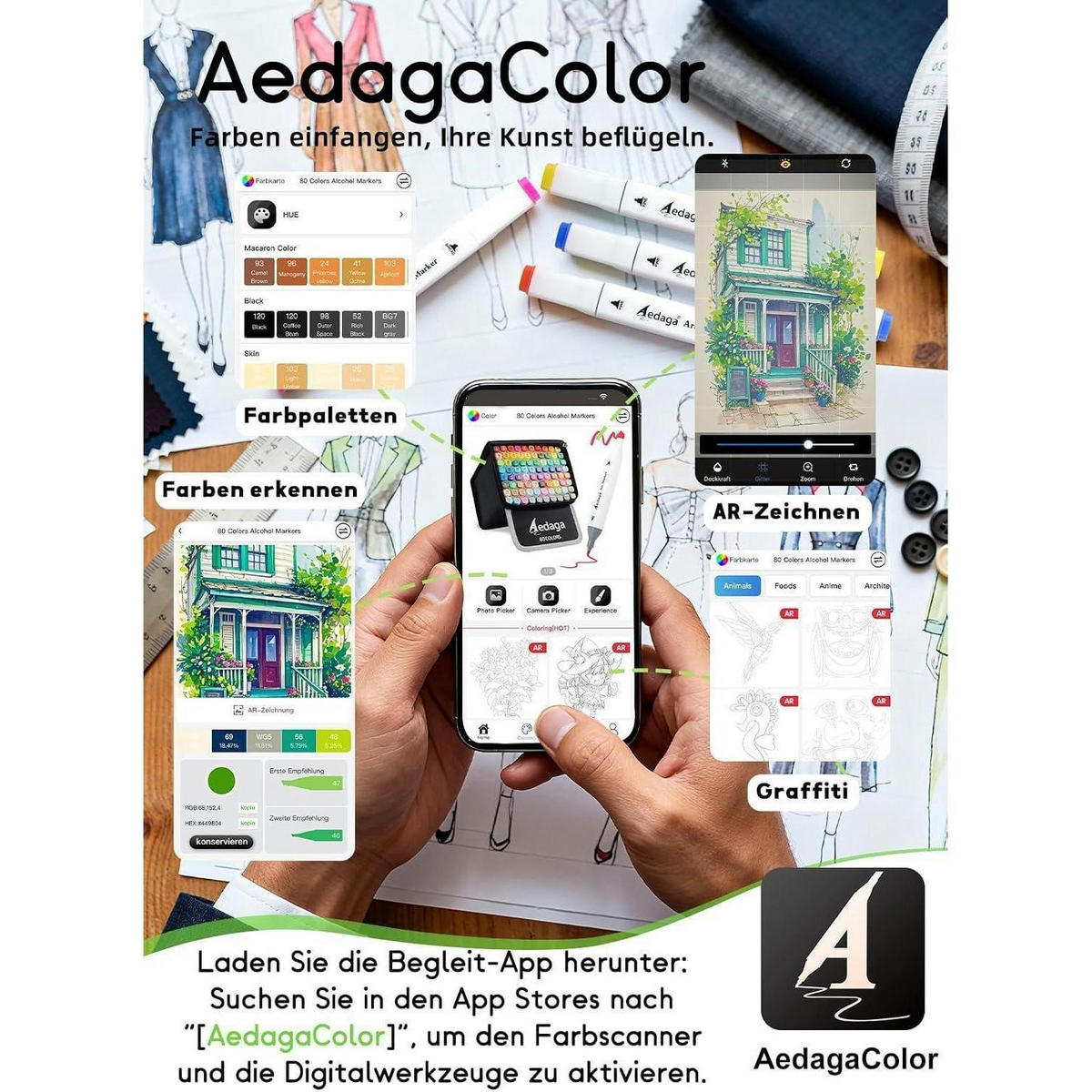 ALKOHOL Marker Set 80 Farben mit App und Ständer-Etui - Multicolor, Kunststoff (1/1/15.4cm)
