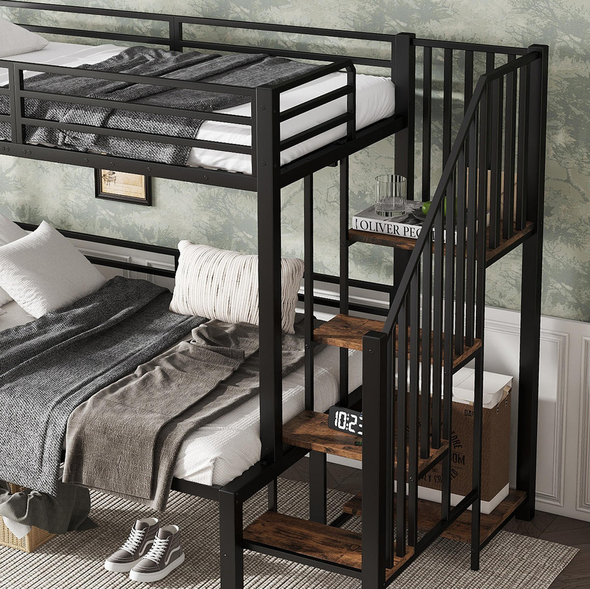 ETAGENBETT 90/120x200 cm aus Metall und MDF mit Eckleiter und Stauraum Schwarz/Vintage - Schwarz, Holzwerkstoff (90/200cm) - Modenvie