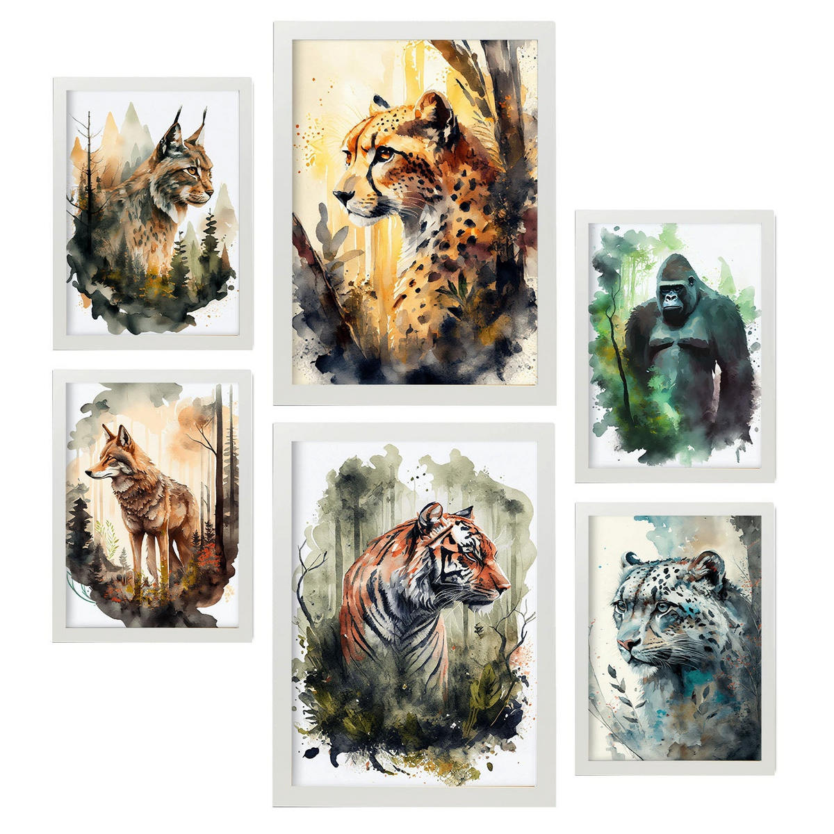 POSTER Set Mit 6 Katzen Illustrationen Von Tieren In Naturlandschaften, Realistischer Aquarellstil Innenarchitektur A3 & A4 Weißer Rahmen - Weiß, Papier (29/3cm) - Nacnic