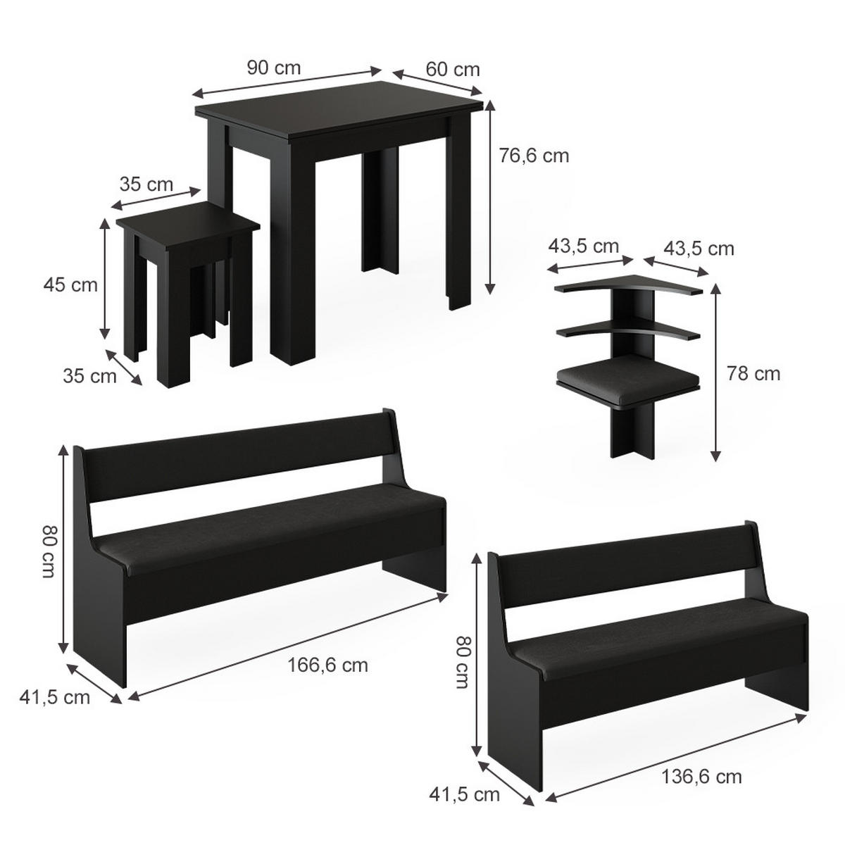 ECKBANKGRUPPE Roman Schwarz 180 x 41.5 cm mit Tisch - Taupe/Schwarz, Holzwerkstoff (210/80/180cm) - Vicco