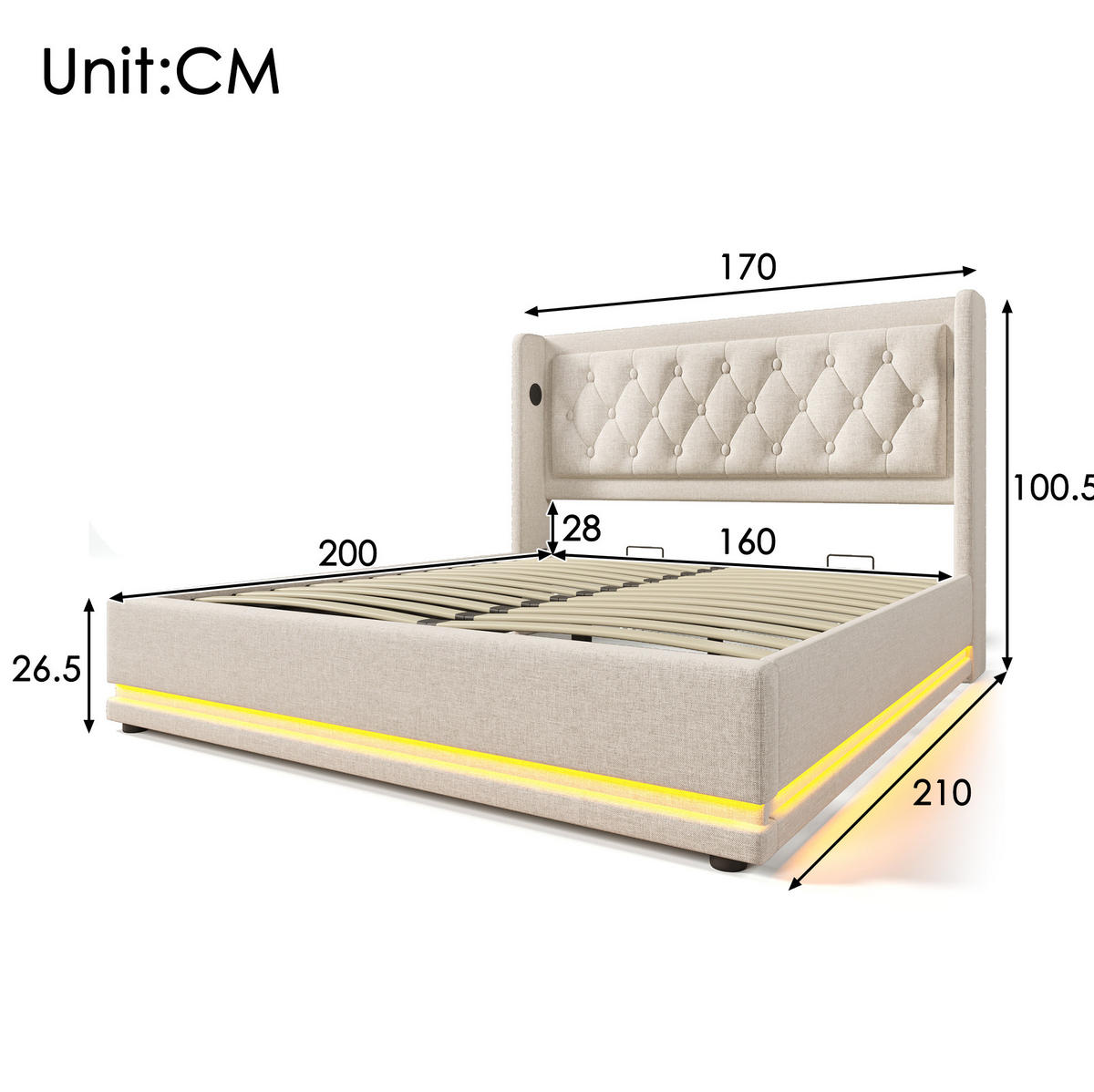 BETT mit Stauraum 160x200 cm Baumwolle Beige - Beige, Metall (160/200cm) - Meubliv