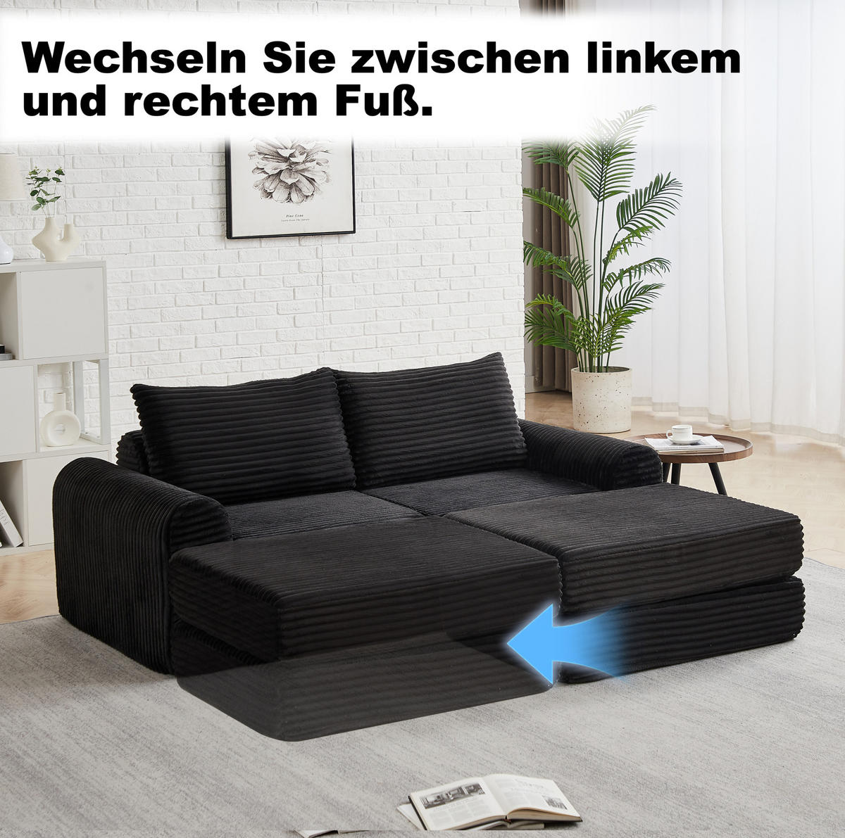 SCHLAFSOFA, Cord mit modularer Fußstütze, als Sofa & Bett, 243/194/53 cm, Schwarz - Schwarz, Textil (243/53/194cm) - Redom