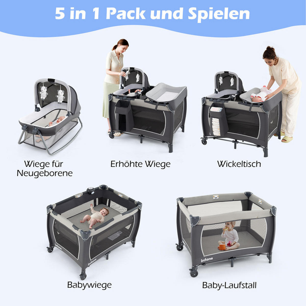 BEISTELLBETT mit Matratze grau - Grau, Textil - COSTWAY