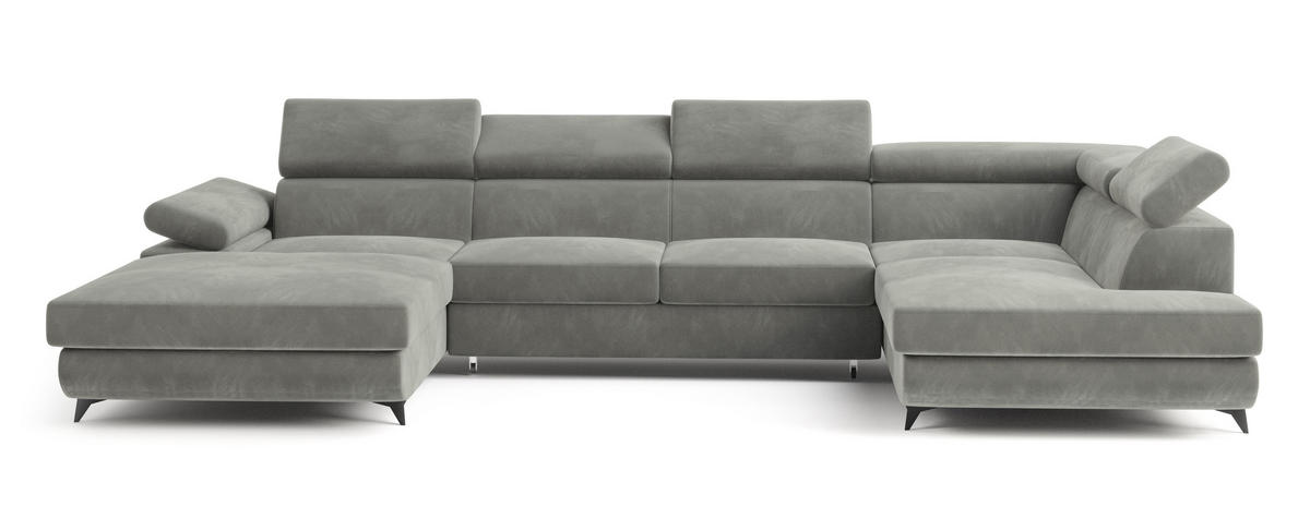 WOHNLANDSCHAFT RUBANO R-S Hellgrau Velours-Stoff mit Schlaffunktion - Hellgrau, Holz (339/89/190cm) - MASSENO