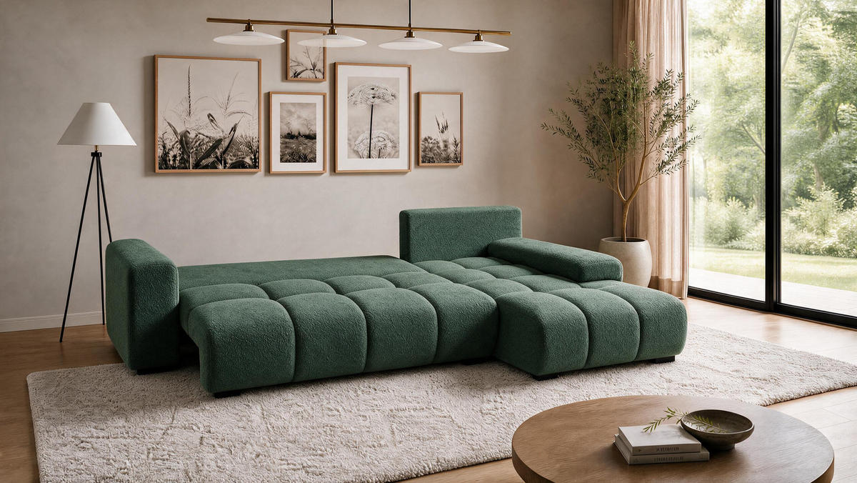 ECKSOFA Ovia mit Bettkasten und Schlaffunktion, Bouclé-Stoff in L-Form - Grün, Textil (270/185cm)