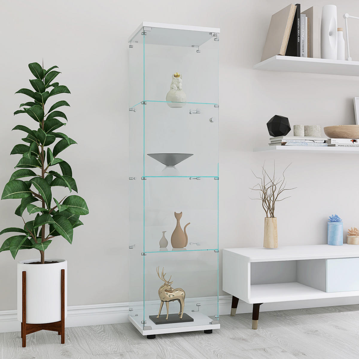 STANDVITRINE 42x164cm Weiß mit 4 Böden, abschließbar - Weiß, Glas (14.37/64.56/16.73cm) - SHOPENTRA