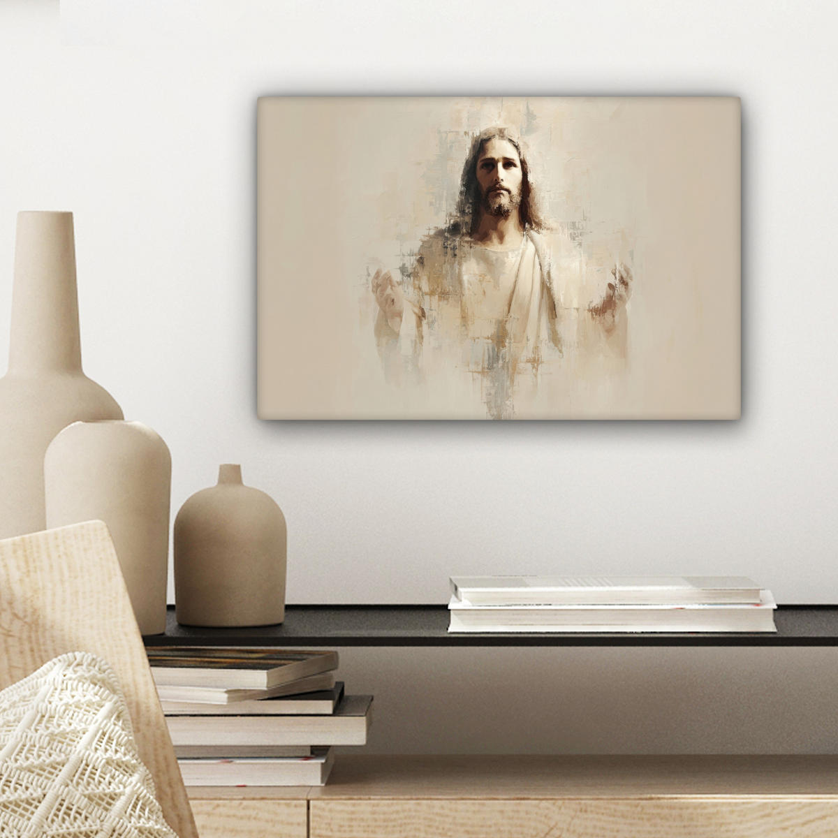 LEINWANDBILD Porträt - Abstrakt - Jesus - Beige Deko Schlafzimmer 30x20 cm - Beige, Textil (30/20cm) - MuchoWow