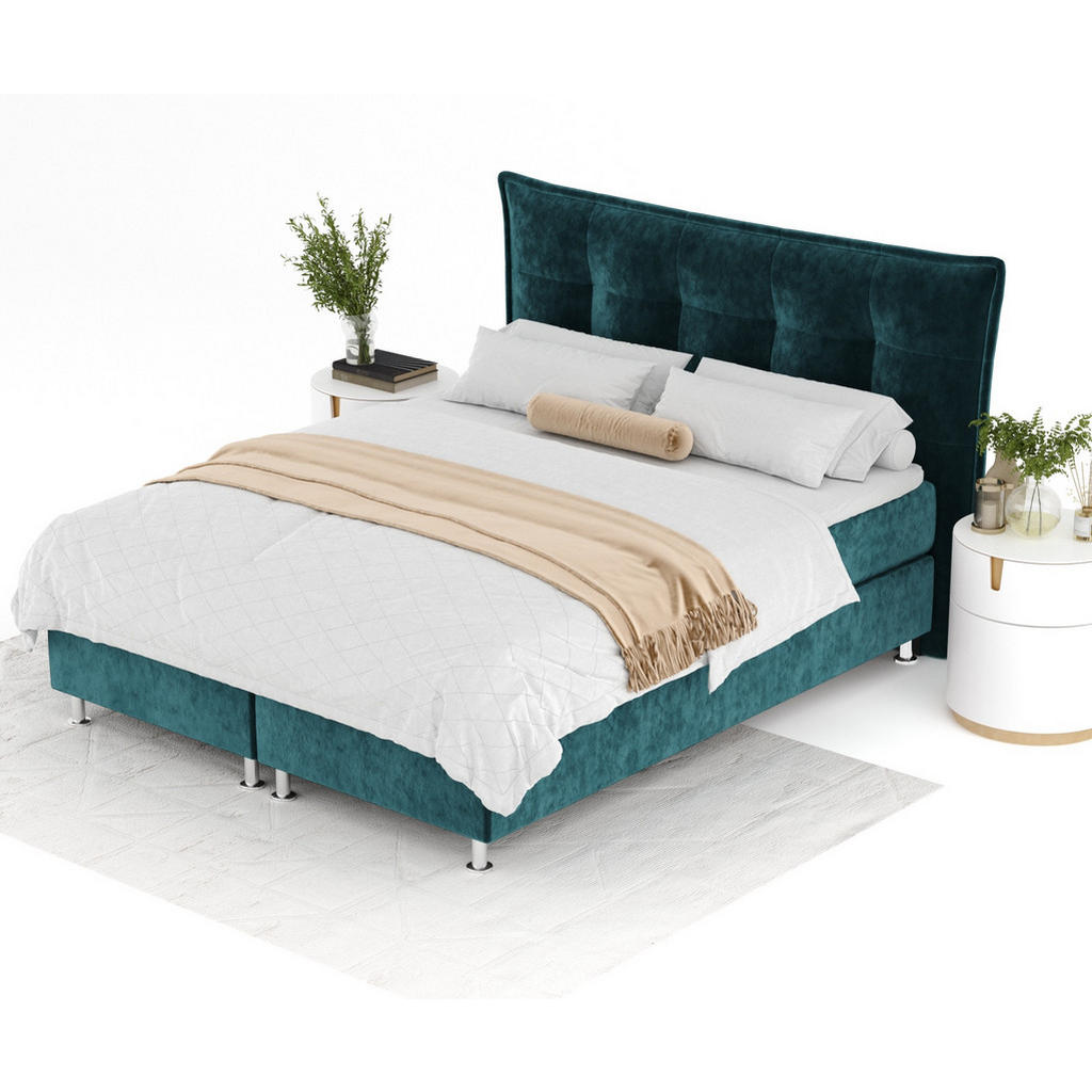 Thumbnail - Maison de Reve Boxspringbett, Türkis, Textil, Buche, Kiefer, H3, Höhe ca. 21 cm, 140x200 cm, Oeko-Tex® Standard 100, FSC...