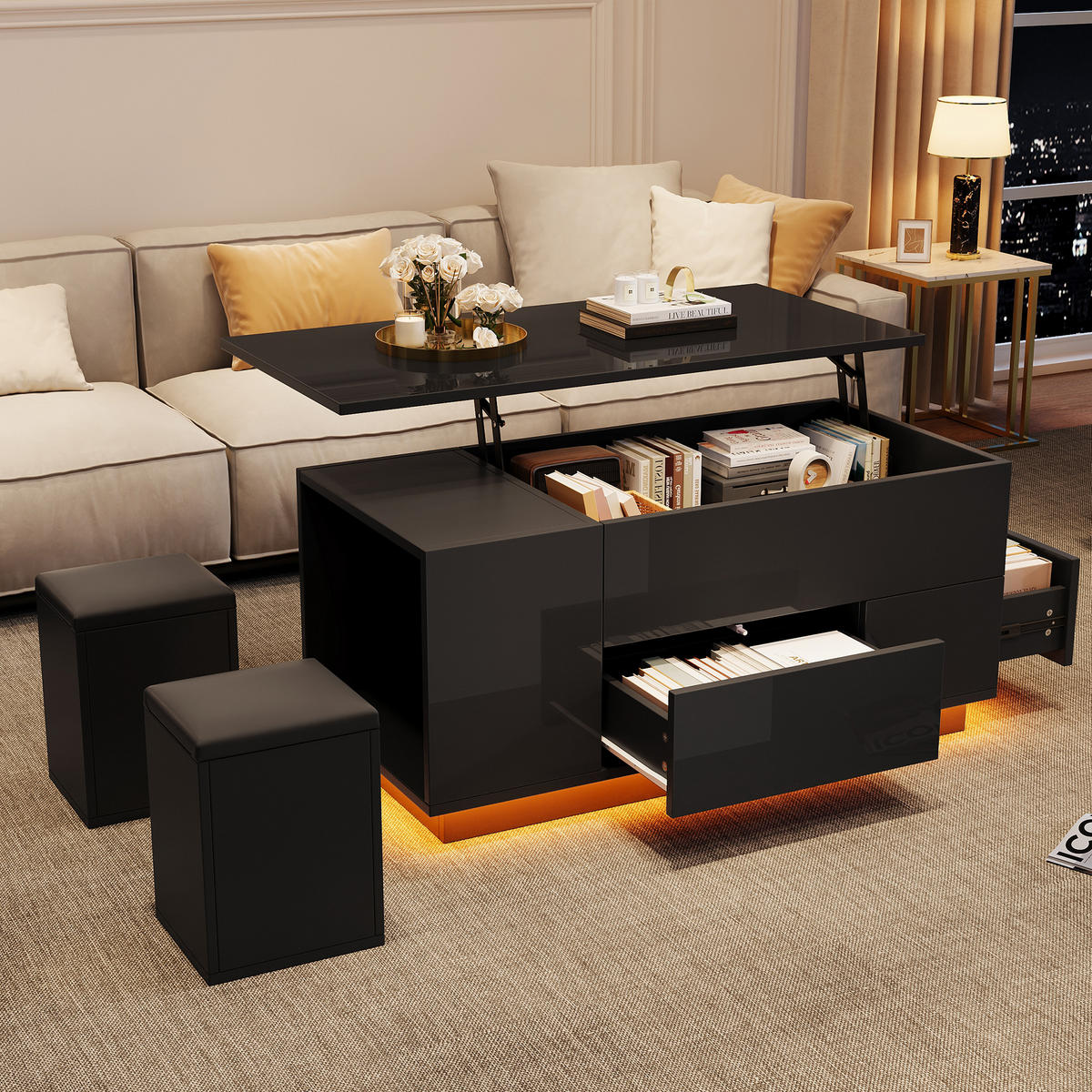 COUCHTISCH in Schwarz mit LED und Schubladen für Wohnzimmer, B100/T50/H45 cm - Schwarz, Holzwerkstoff/Metall (50/100/59cm) - STILVORA