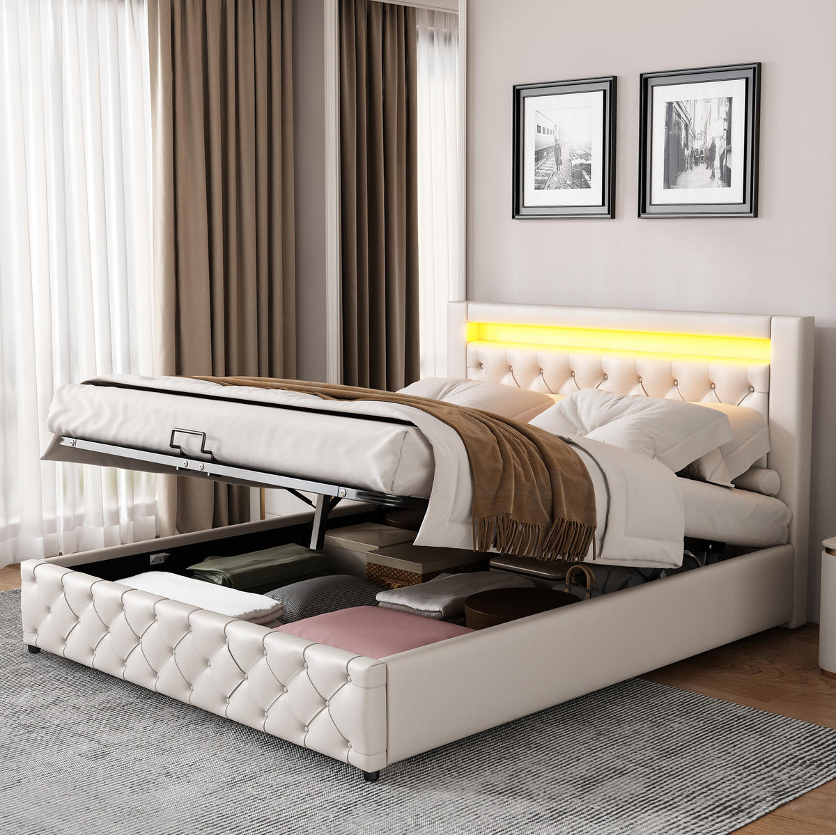 POLSTERBETT 140/190 cm Weiß mit Stauraum und LED-Beleuchtung aus PU - Weiß, Kunststoff (140/190cm) - OKWISH